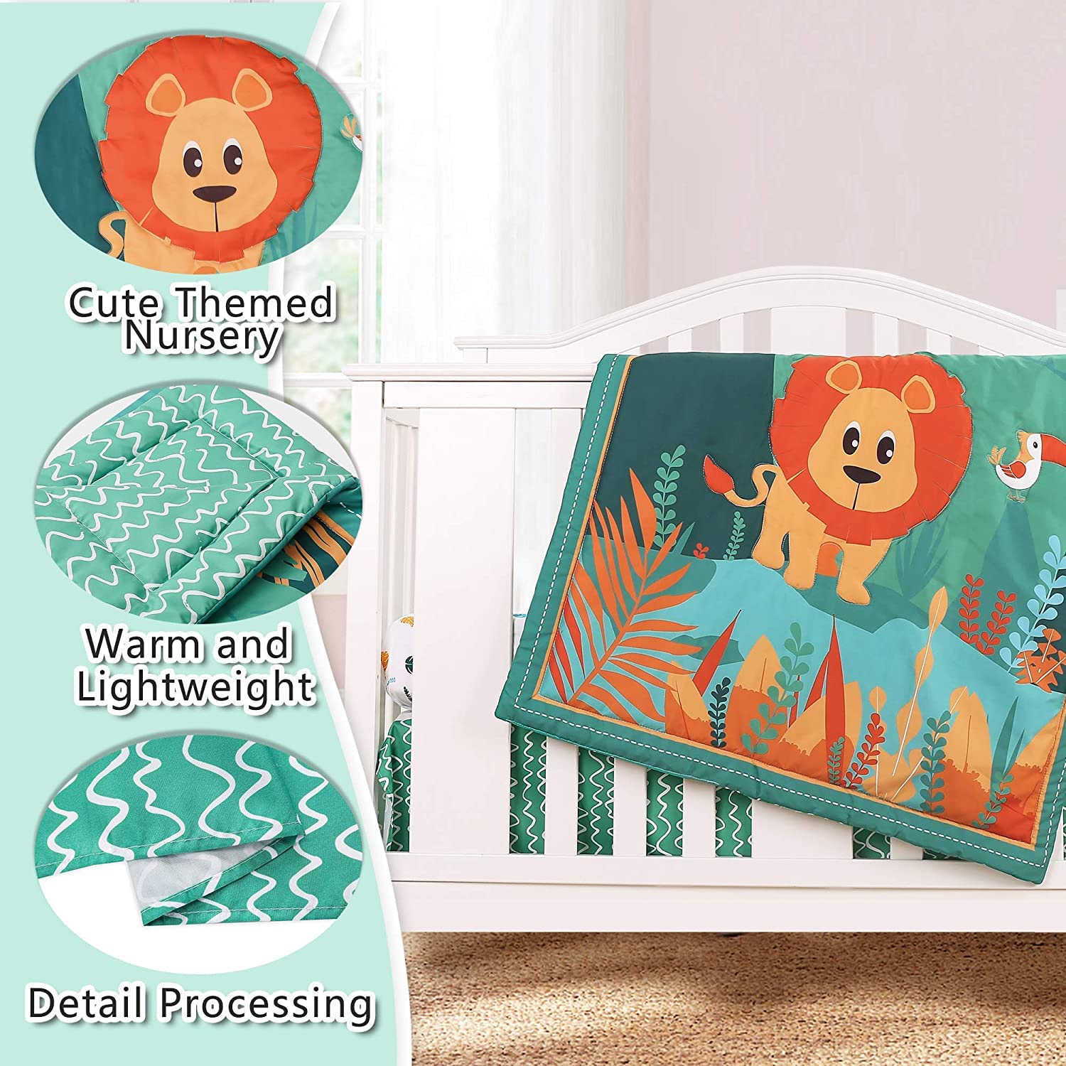 YJM Juego de ropa de cama para niños de 3 piezas, sábana de cuna, falda/cuna incluida, juego de cuna para bebé, lavable a máquina, león verde