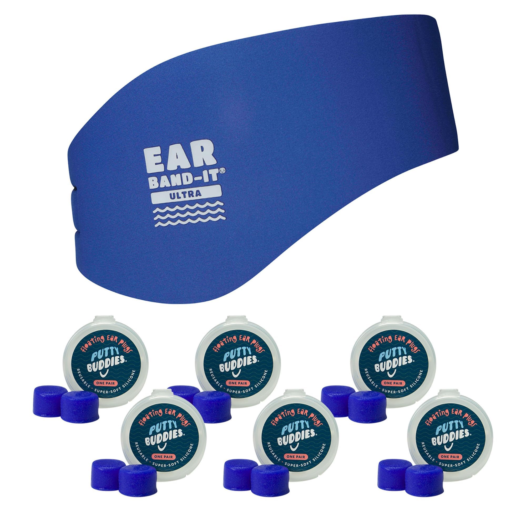 Ear Band-It Swimming Headband with Putty Buddies earplugs (6 Pair) Doctor Recommended Large (Ages 10-Adult) Blue