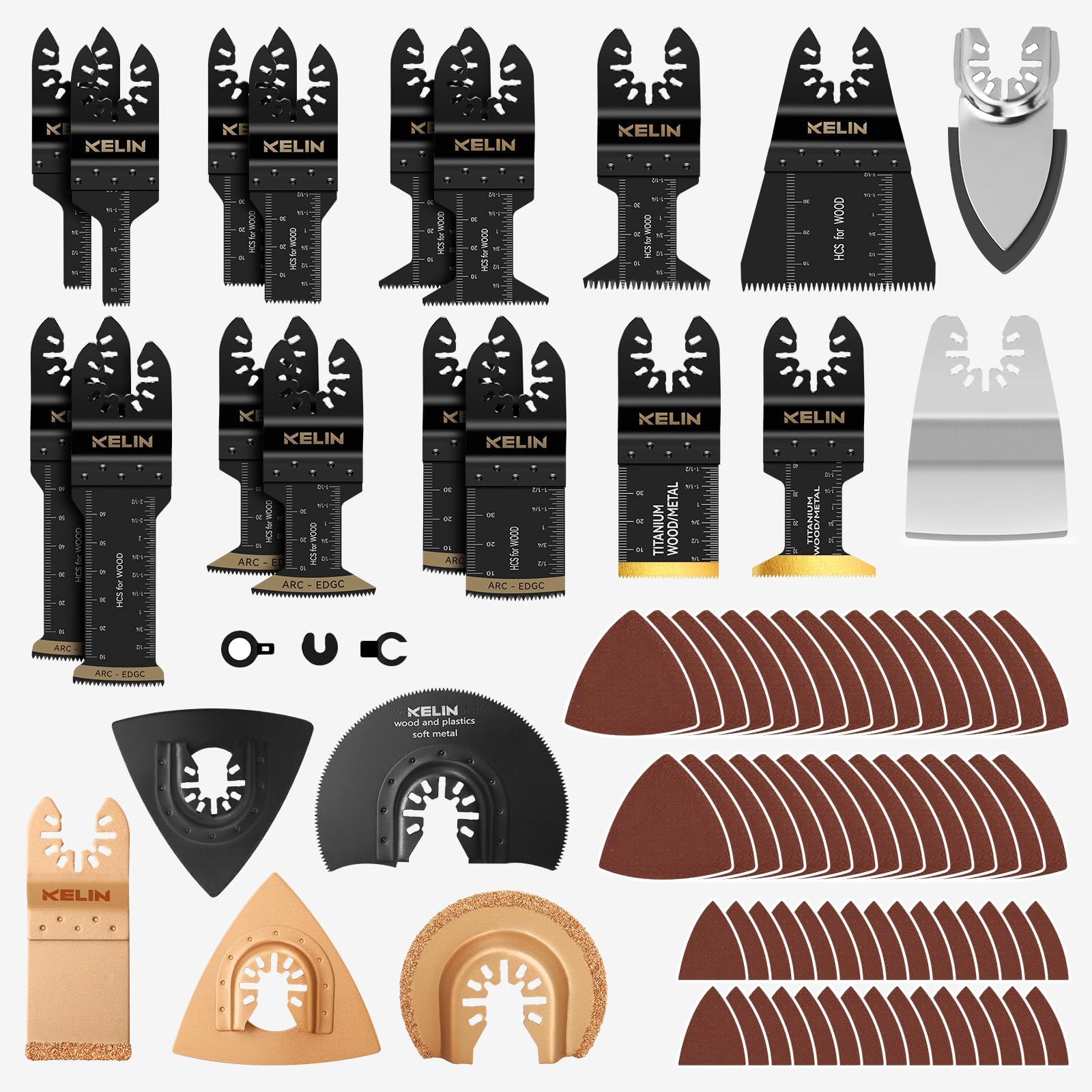 KELIN88pcs Oscillating Saw Blades, Oscillating Tool Blade with Sandpaper, Arc Edge and Bi-Metal Multi Tool Blades Kits for Wood Metal, Universal Multitool Blades Fit Dewalt, Makita, Ryobi, Rockwell