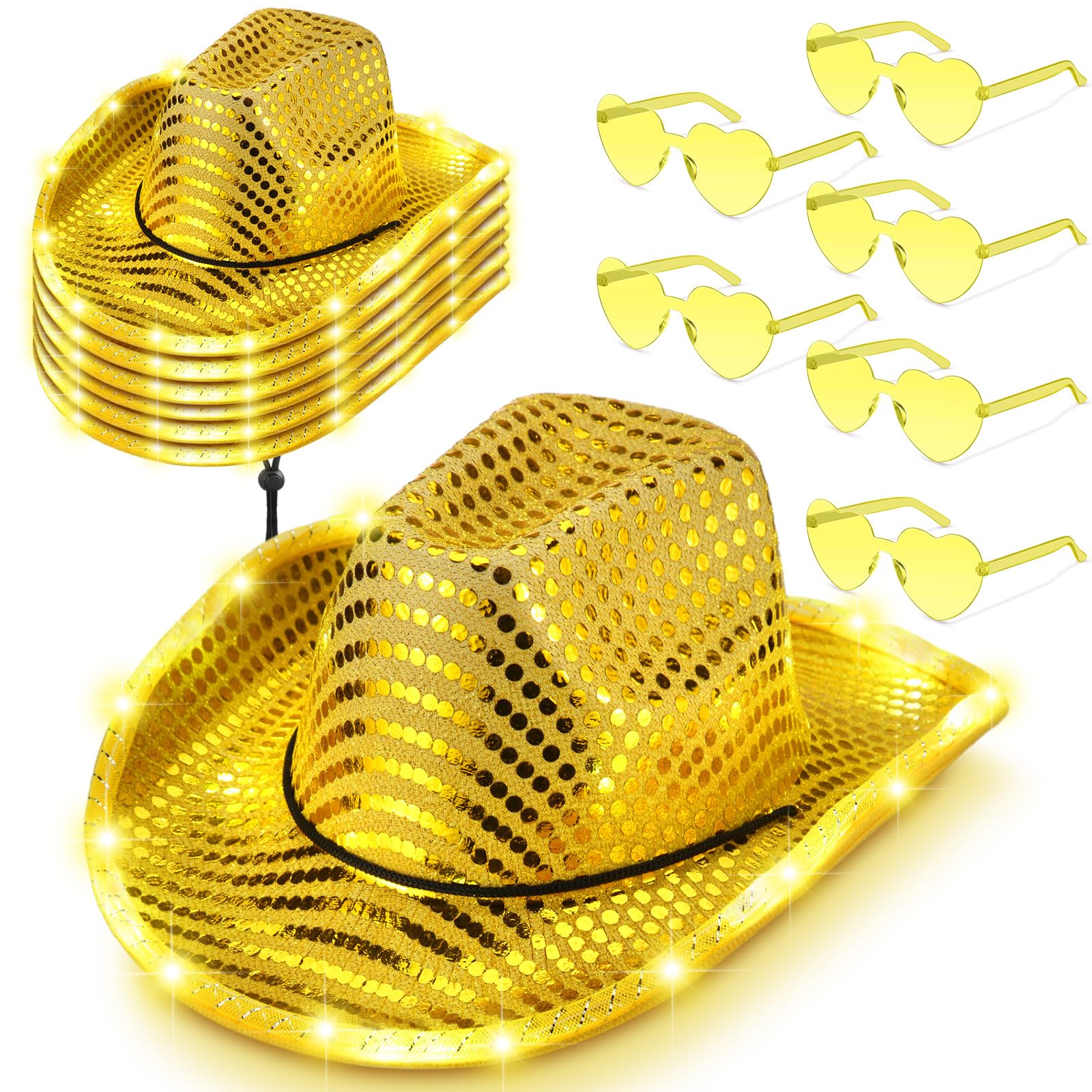 Zhanmai 6 Set LED Cowboy Hat Light Up Glitter Cowboy Hat with Sunglasses Sequin Space Cowgirl Hat for Women Men Costume (Yellow)