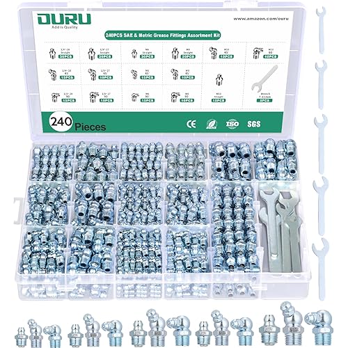 240PCS Grease Fittings Assortment,SAE & Metric Zerk Grease Fittings Straight 45 90 Degree with Wrench Kit(7-11mm) for Grease Gun