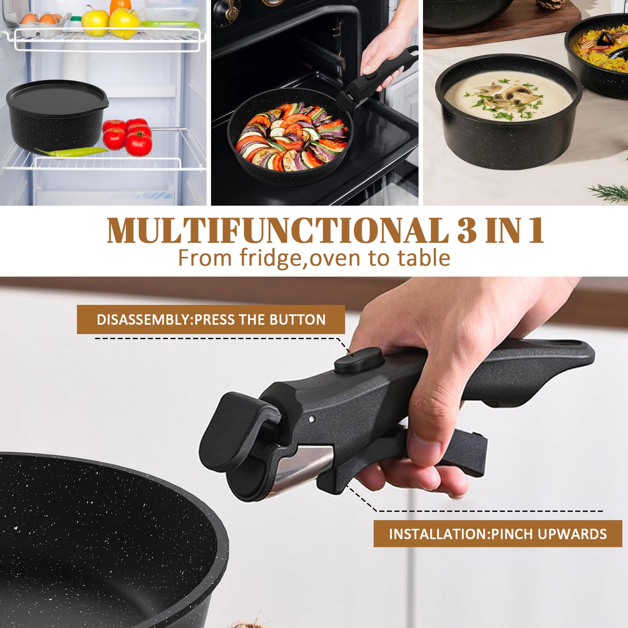 Gimars 14pcs Set di Padelle Antiaderente da 14PCS con 2 Manici Rimovibili | Padella da 20 26cm,Casseruola 20cm,26cm Griglia,4 Coperchi 4 Utensili,Senza PFOA PFTE per Induzione Gas Forno