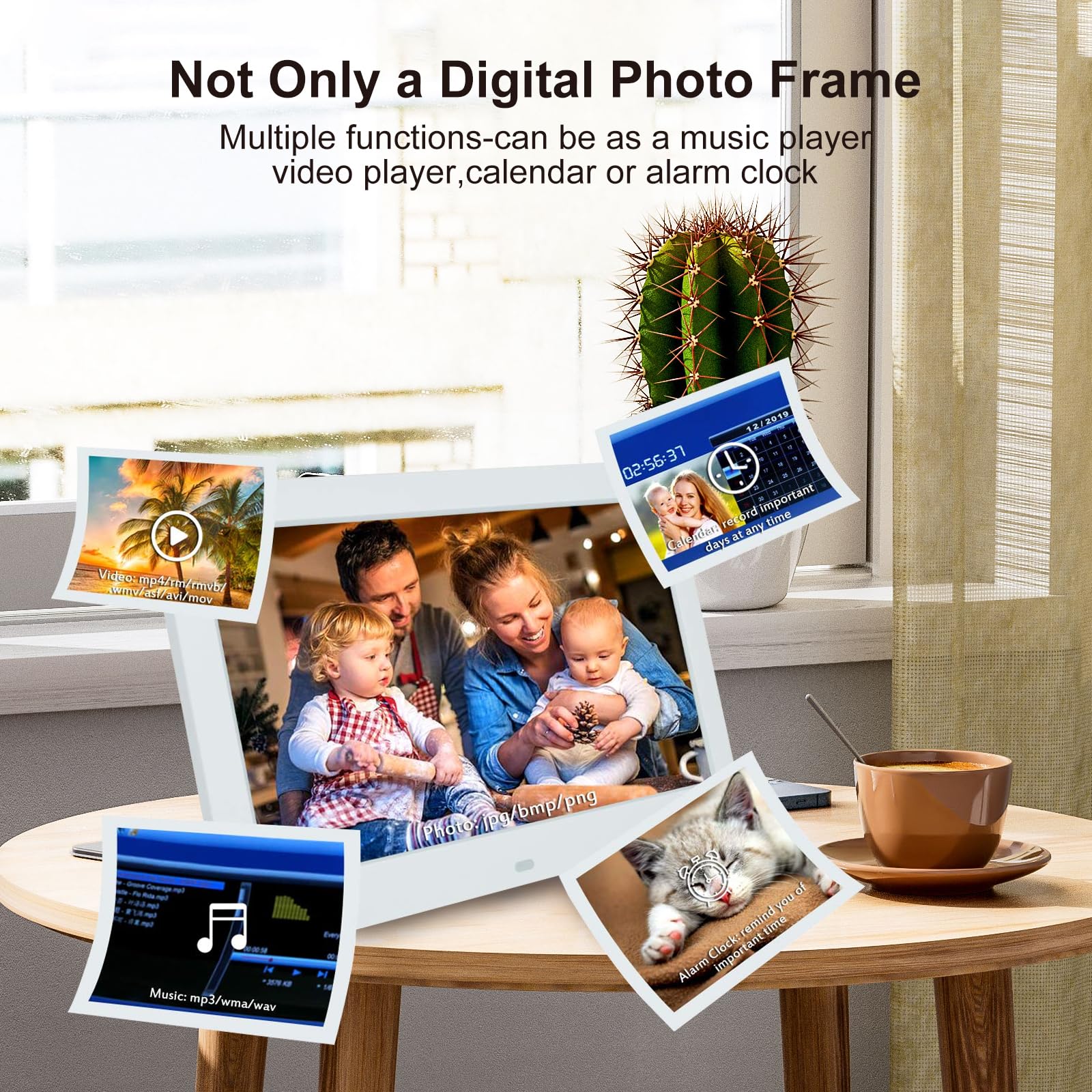Cornice digitale da 10,5 pollici, 1280 x 800P, cornice elettronica, Music Photo Video Player con telecomando/multi-presentazione/calendario/orologio funzione allarme bianco, supporta