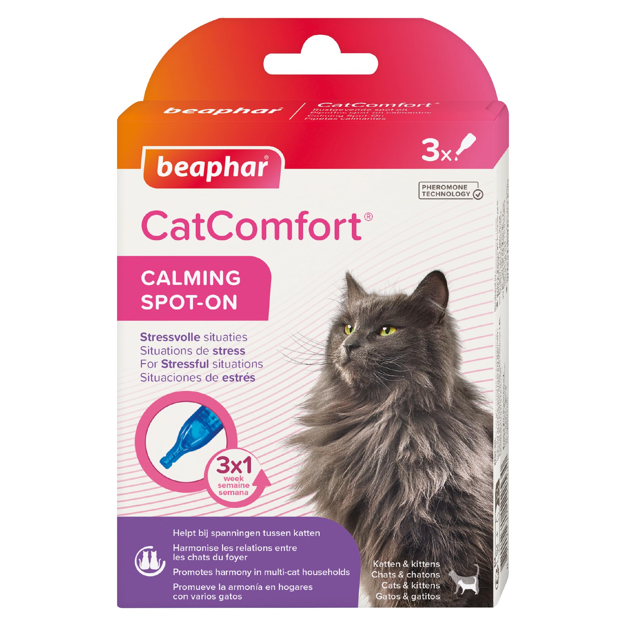 Beaphar - CatComfort Pipetas Antiestrés para Gatos, con Feromonas para Gatos, Reduce Estrés y Ansiedad, Miedos, Cambios Entorno, Hogar, Maullidos, Marcajes con Orina, Conflictos, 3 Unidades