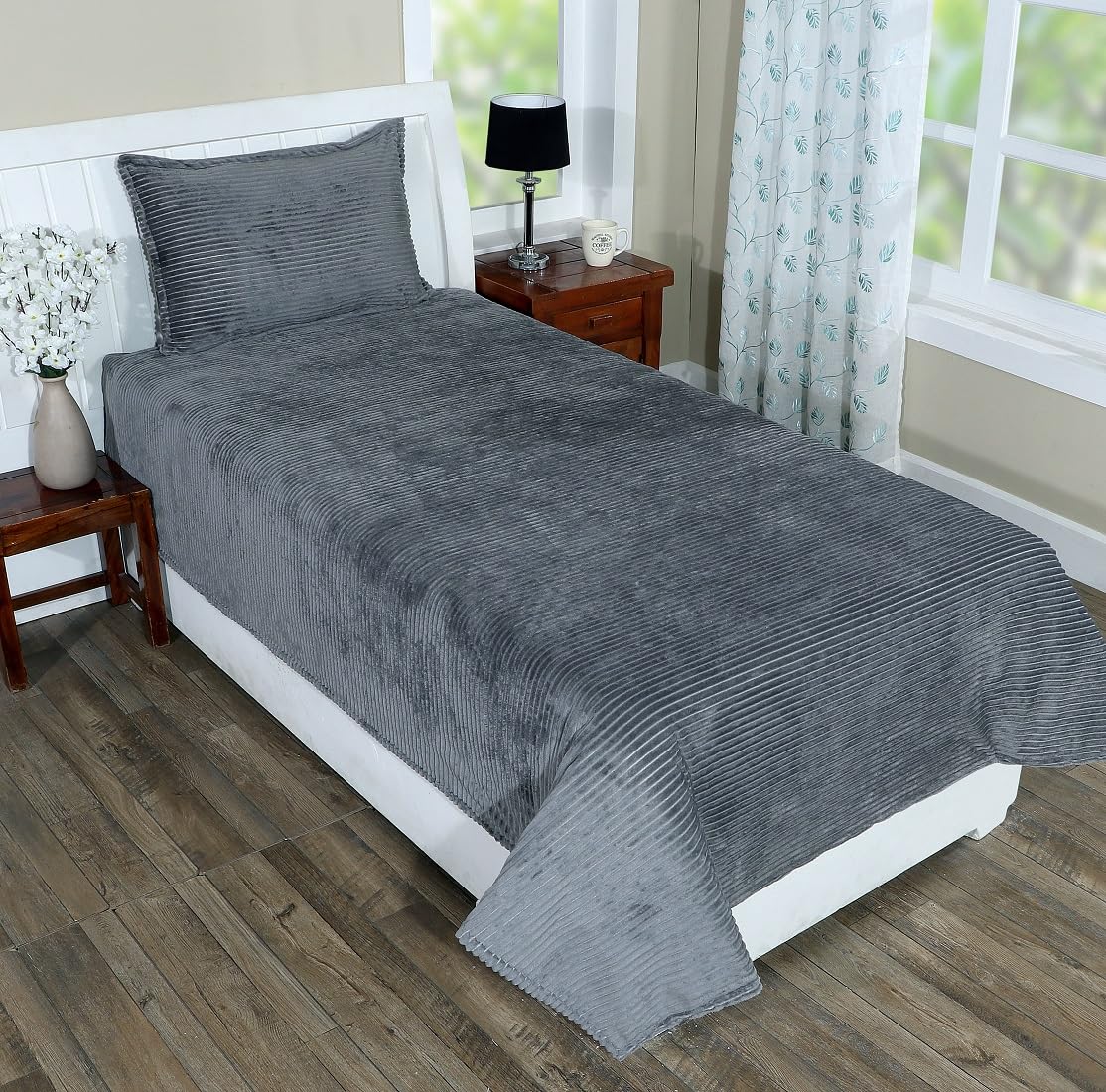 RD TREND 190 GSM Flannel Warm bedsheets for Winter Single Flat Size (60x90 Inches) with 1 Pillow Cover Size (18x28 Inches) Color- Grey Pattern-Striped-image-45