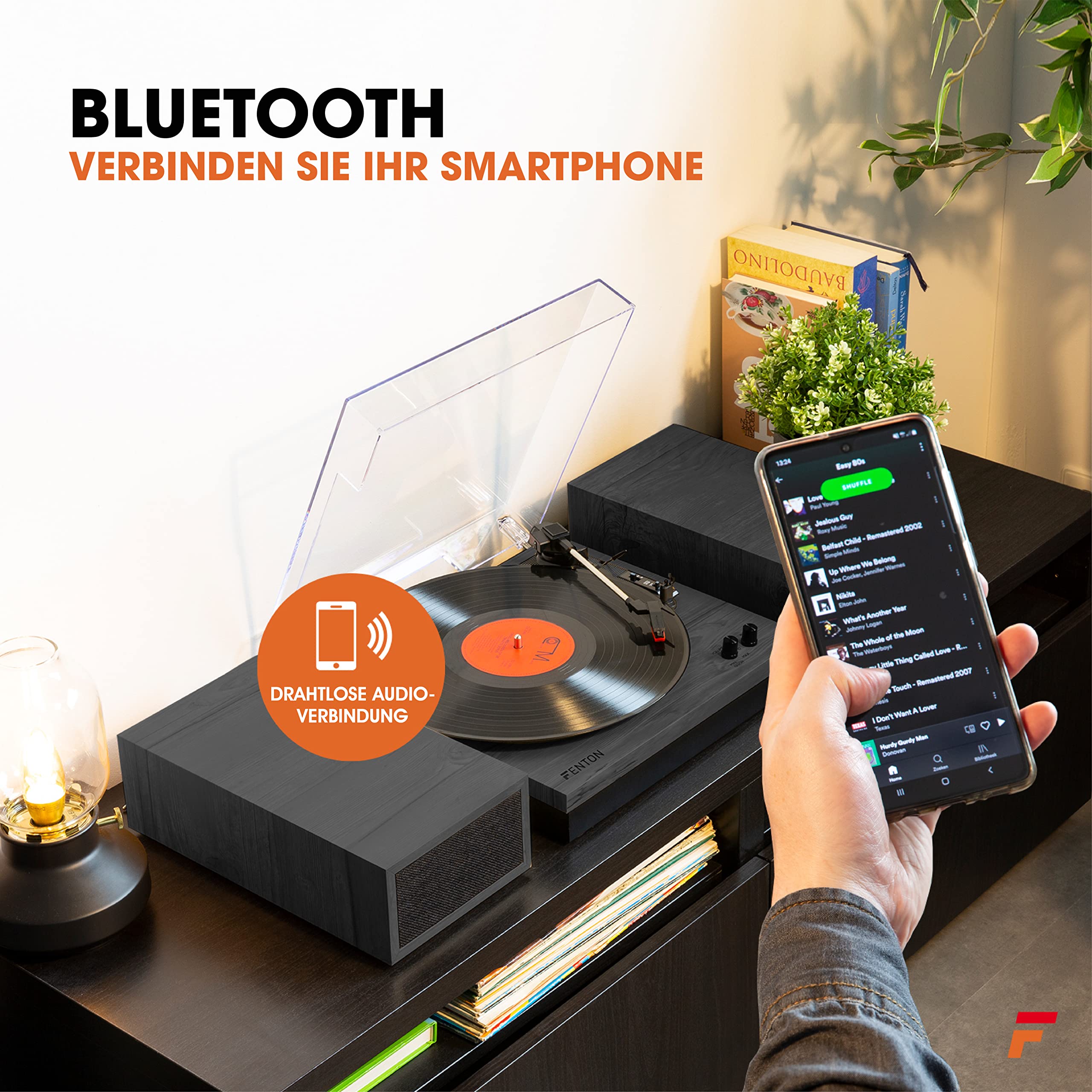 Fenton RP165B Retro Plattenspieler mit Lautsprecher & Bluetooth – Schallplattenspieler mit Boxen 100 Watt Anlage – Vinyl Player 33/45/78 RPM – Record Player 33,45,78 U/min, Auto-Stop - Holz Schwarz
