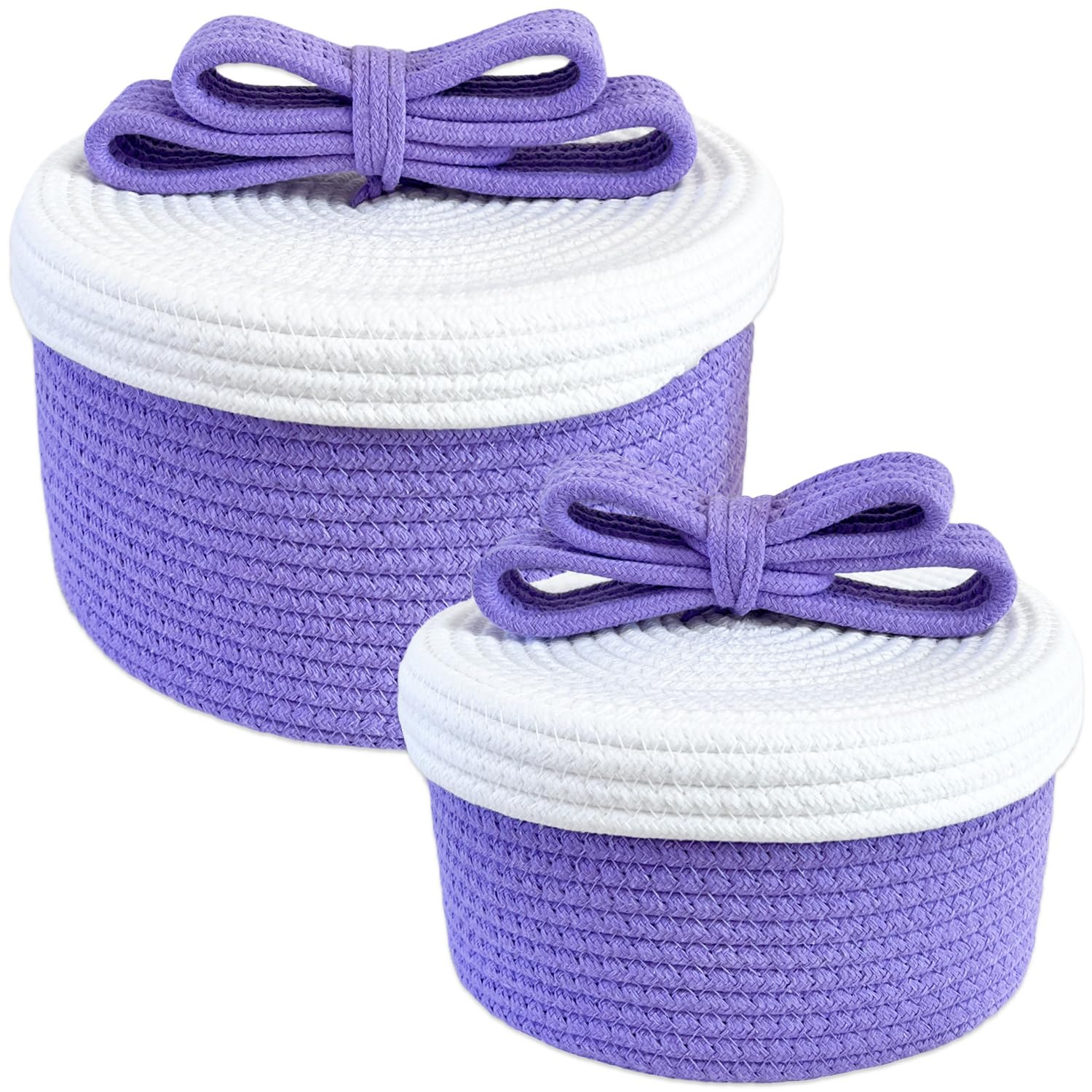 Small Storage Baskets with Lids, Round Woven Rope Basket with Lid, Cute Storage Box for Small Toy, Gift or Home Decor, Decorative Basket with Cute Bow Handle (Lavender)