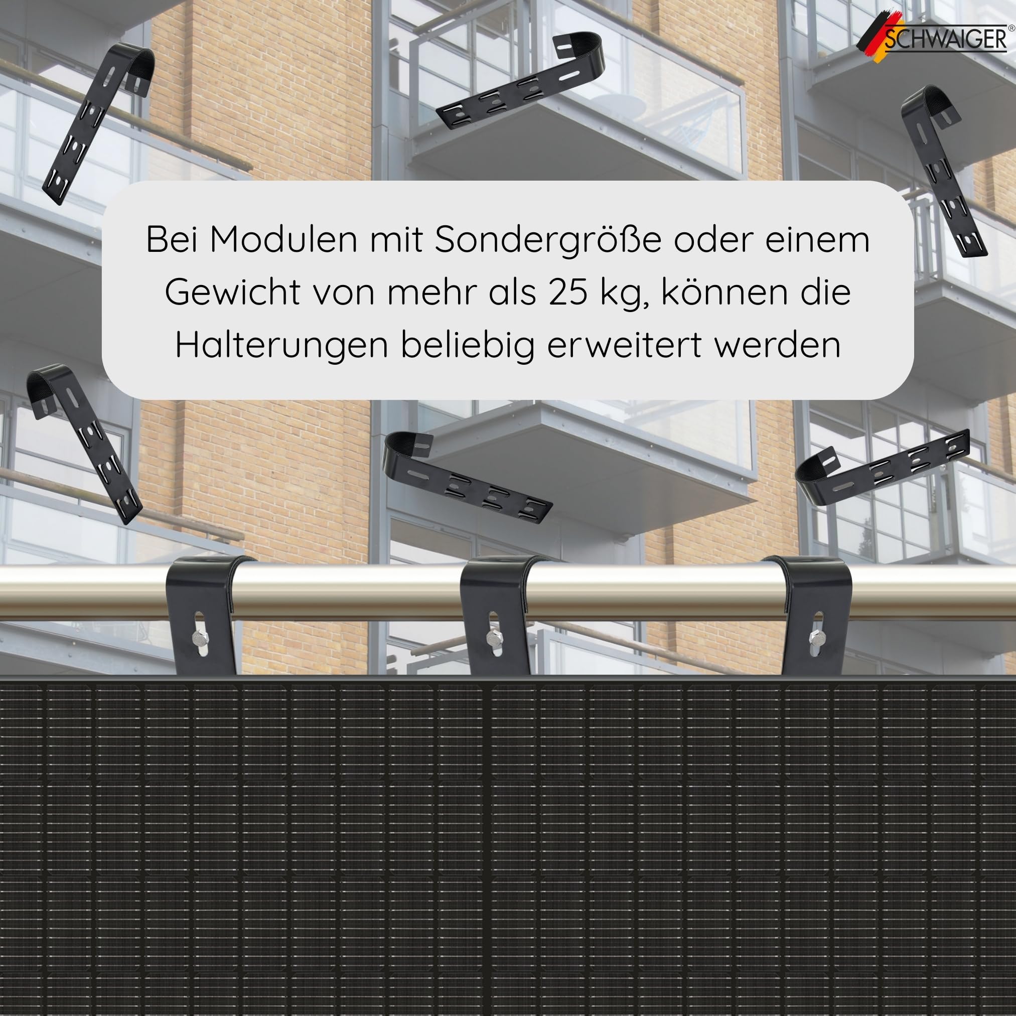 SCHWAIGER Support de centrale électrique de balcon pour balustrade I Kit de montage pour 2 modules solaires I Support de panneau solaire pour balcon et terrasse I Fixation du module PV en acier I