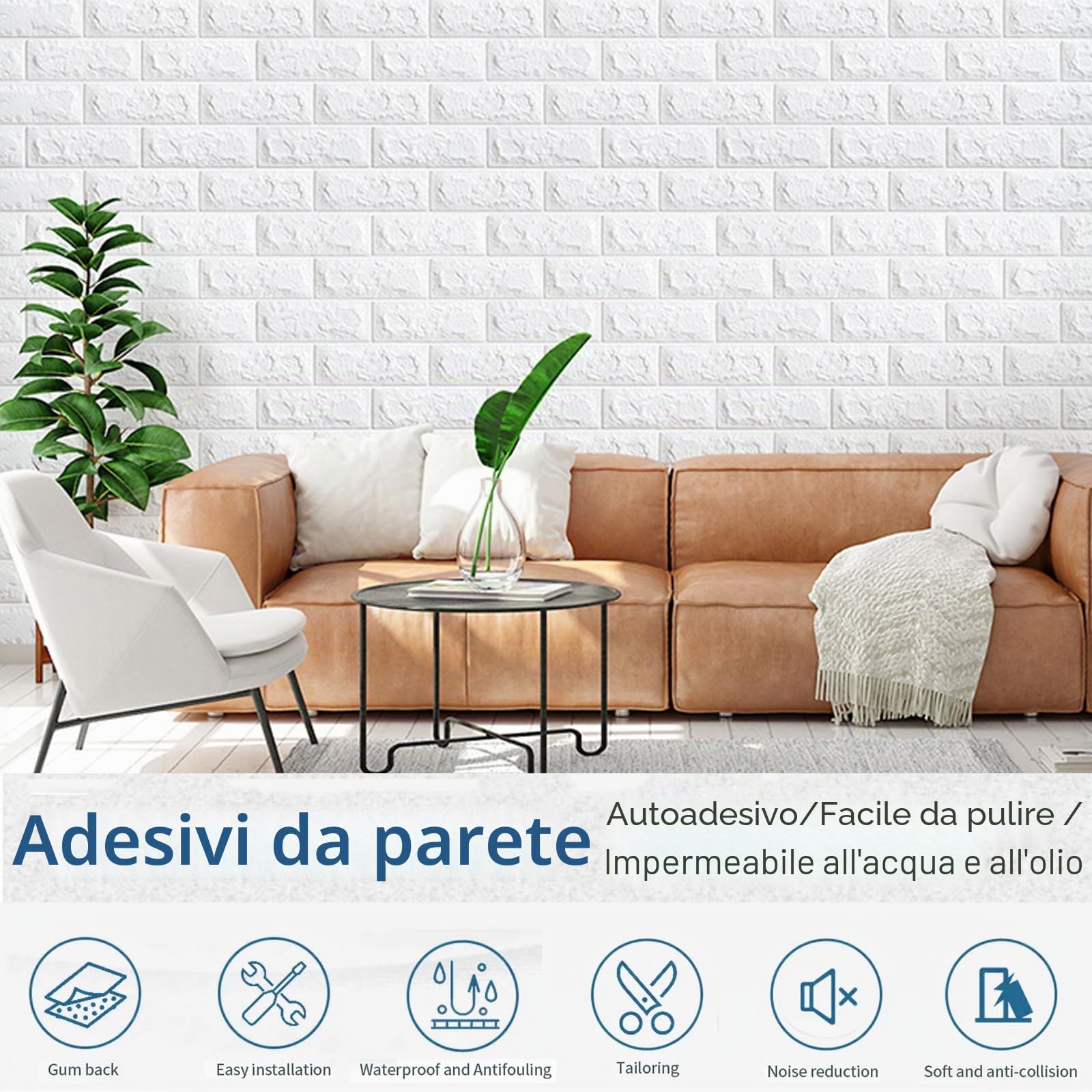 Carta da parati per ambienti umidi, 70cmx1000cm autoadesiva, isolante, imitazione pietra, carta da parati autoadesiva, pannelli adesivi 3D per camera da letto, bagno, cucina (Bianco)