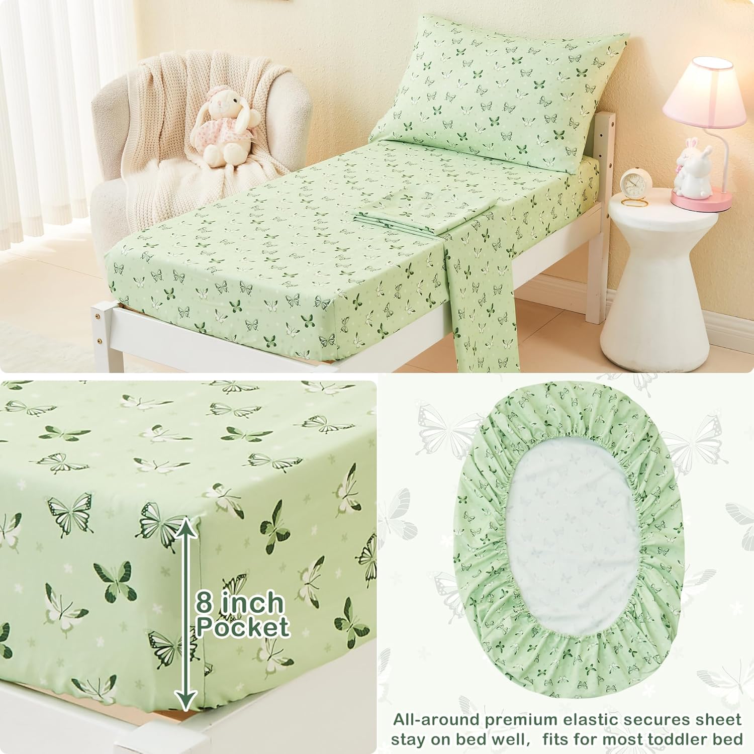 Mooreeke 4 Pieces Toddler Bedding Set - Soft Sage Green Butterfly Toddler Comforter Sets for Girls, Includes Quilted Comforter, Flat Sheet, Fitted Sheet and Pillowcase, Bed in A Bag for Baby Bedroom - Image 4
