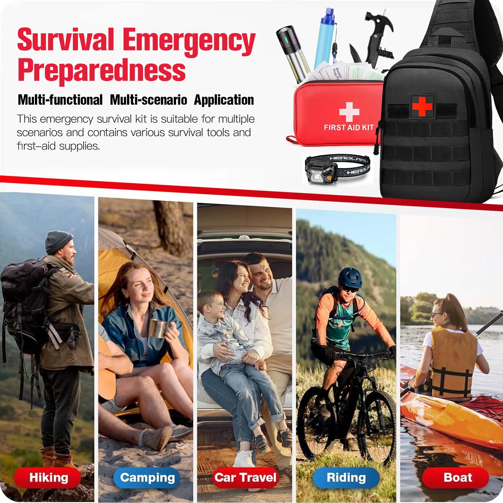 Gemmac Kit Supervivencia, 218 en 1 Portátil Kit Supervivencia 72 Horas Equipada con Filtro Agua Chubasquero Silbato Brujula Luz Camping Multifuncional Survival Kits Camping Aventura Senderismo Regalo