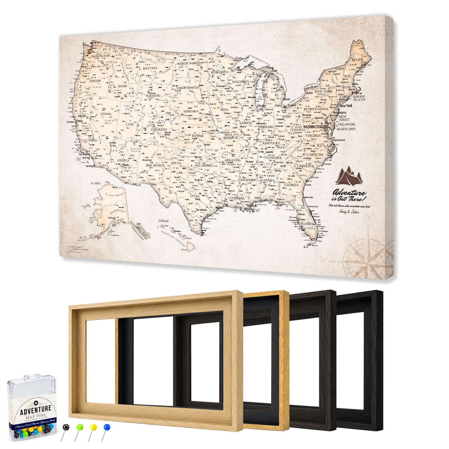 IPIC Personalized Vintage Framed USA Map Pin Board, Image Size 24x28 in
