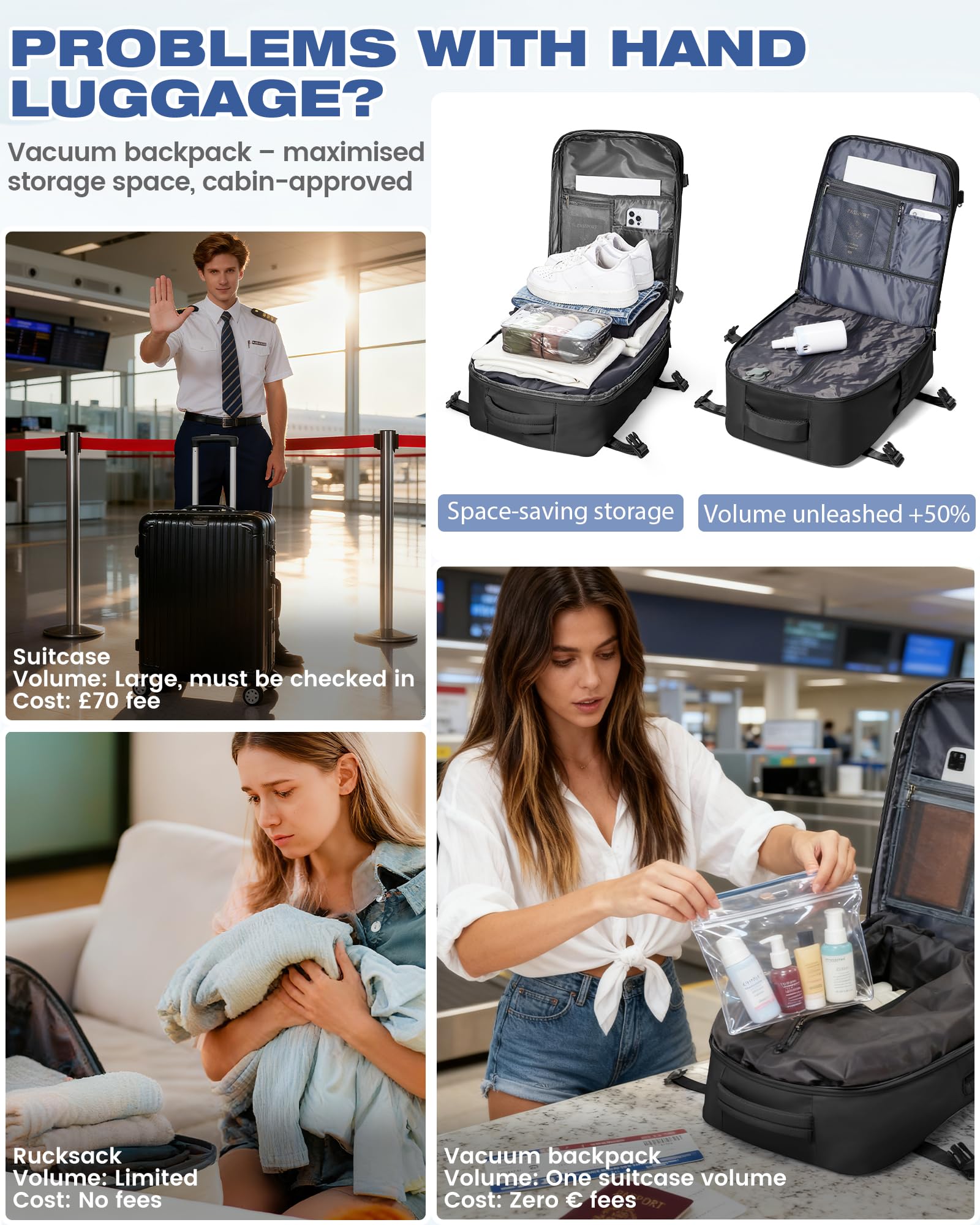 SZLX Zaino Ryanair 40x30x20 Sottovuoto Bagaglio a Mano 40x20x25 Donna Zaino da Viaggio 40x30x20 Wizzair Borse da Cabina per Easyjet 45x36x20 Uomo per Laptop 14 Pollici con Porta USB e Porta Scarpe