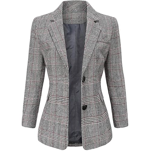 ebossy Women's Notch Lapel 2 Button Boyfriend Blazer Suit Houndstooth Plaid Jacket Coat