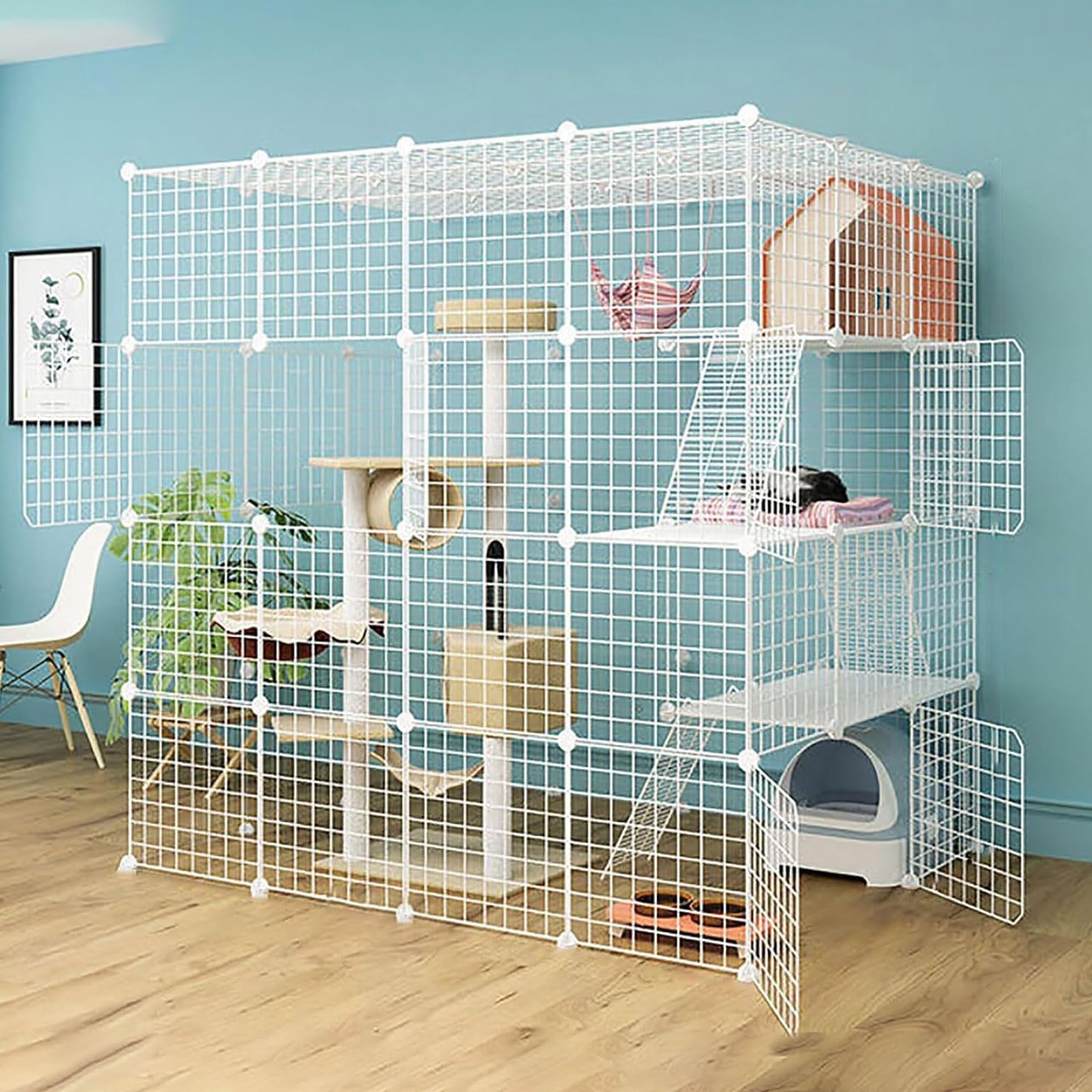 YPDOPORA Jaulas para Gatos En Interiores, Recinto Grande para Gatos DIY, Parque Infantil para Gatos, Jaula Desmontable De Metal para Animales Pequeños con Hamaca/Bandeja De Arena/Nido para Gatos,E