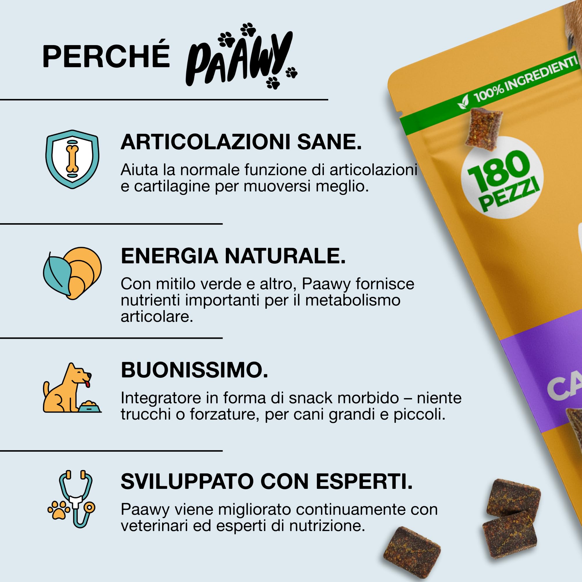 Integratore Articolazioni Cane di Paawy | TEST OTTIMO | 180 Snacks Condroprotettori e Antinfiammatorio Naturale con Glucosamina, Condroitina e Collagene per Cani per la Cura delle Ossa e Articolazioni