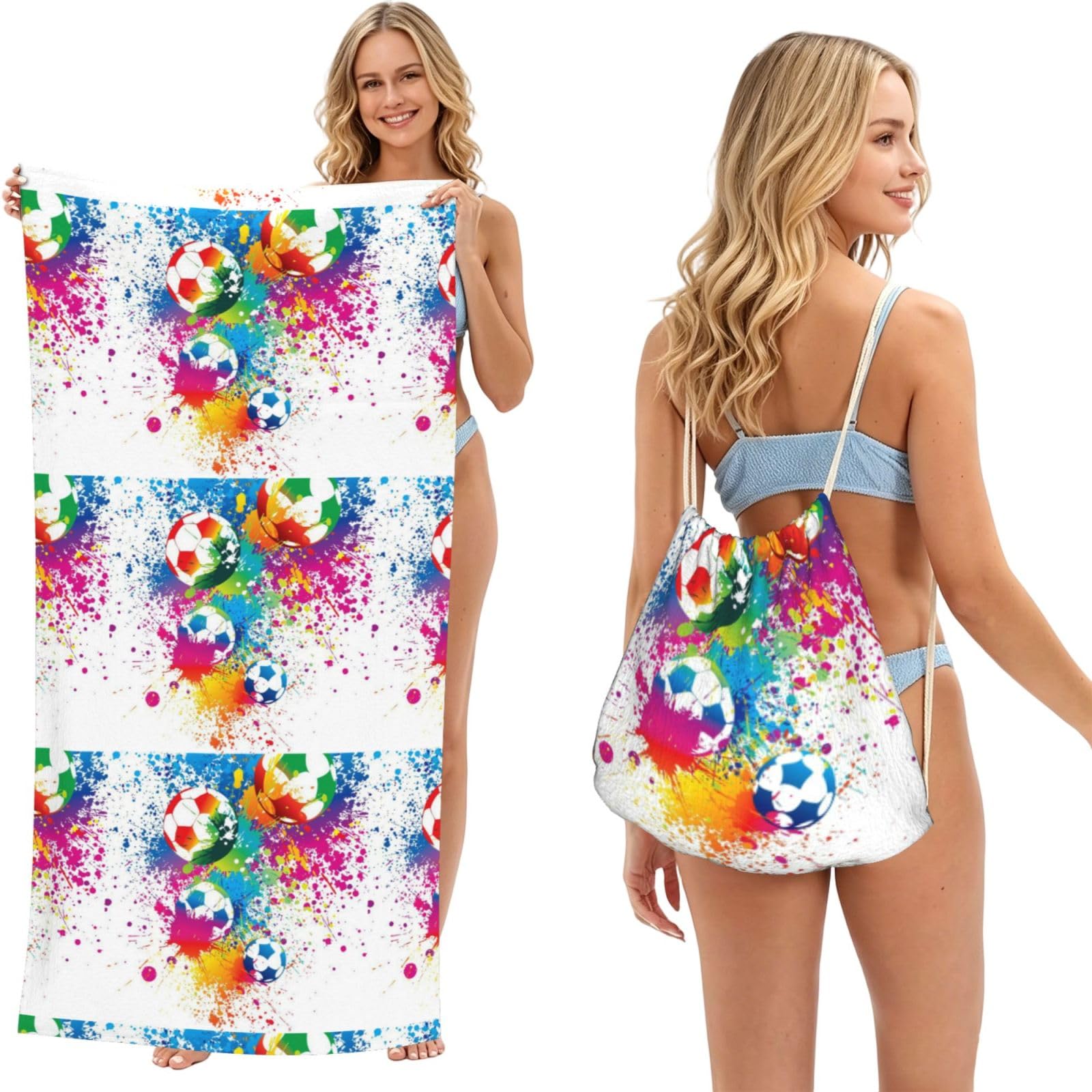 Poadnly As Picture Colored Splashes All Over The Soccer, 2 In 1 Packable Towel Bag, Beach Towels With Drawstring Backpack For Travel Holiday Camping