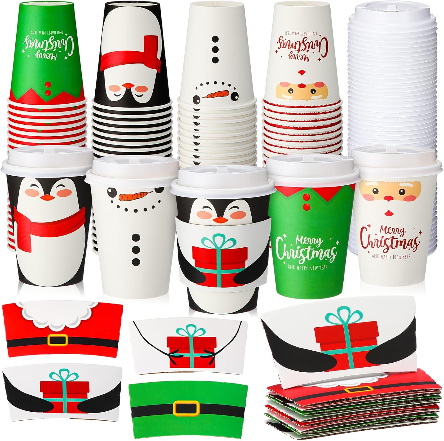 Yungyan 100 Pack 12 oz Christmas Disposable Coffee Cups with Lids and Sleeves Insulated Paper Coffee Cups with Dome Lids and Sleeves for Christmas Hot Chocolate Party Supplies(Classic)