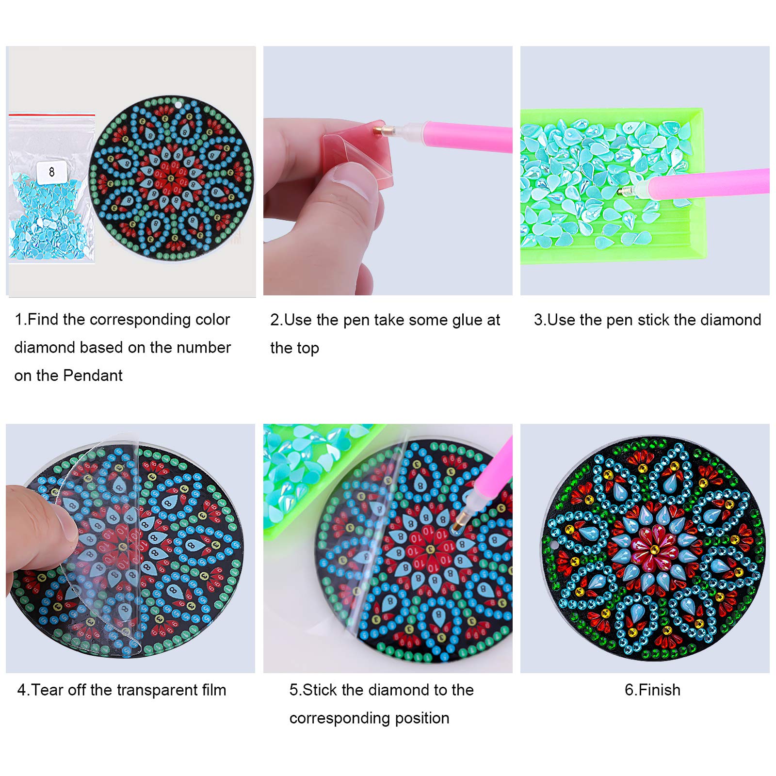 4er-Set DIY Diamant-Malerei Schlüsselanhänger – Mandala-Design, Beidseitig, Mit Zubehör