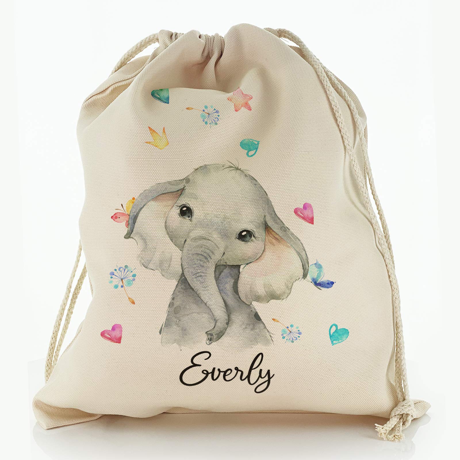 Personalised Bag, Birthday Gift Bag Customised with Initial/Name/Text, Elephant Hearts Design, Storage Bag, Drawstring Top Sack, Sizes: XXS, XS, S, M, L, XL
