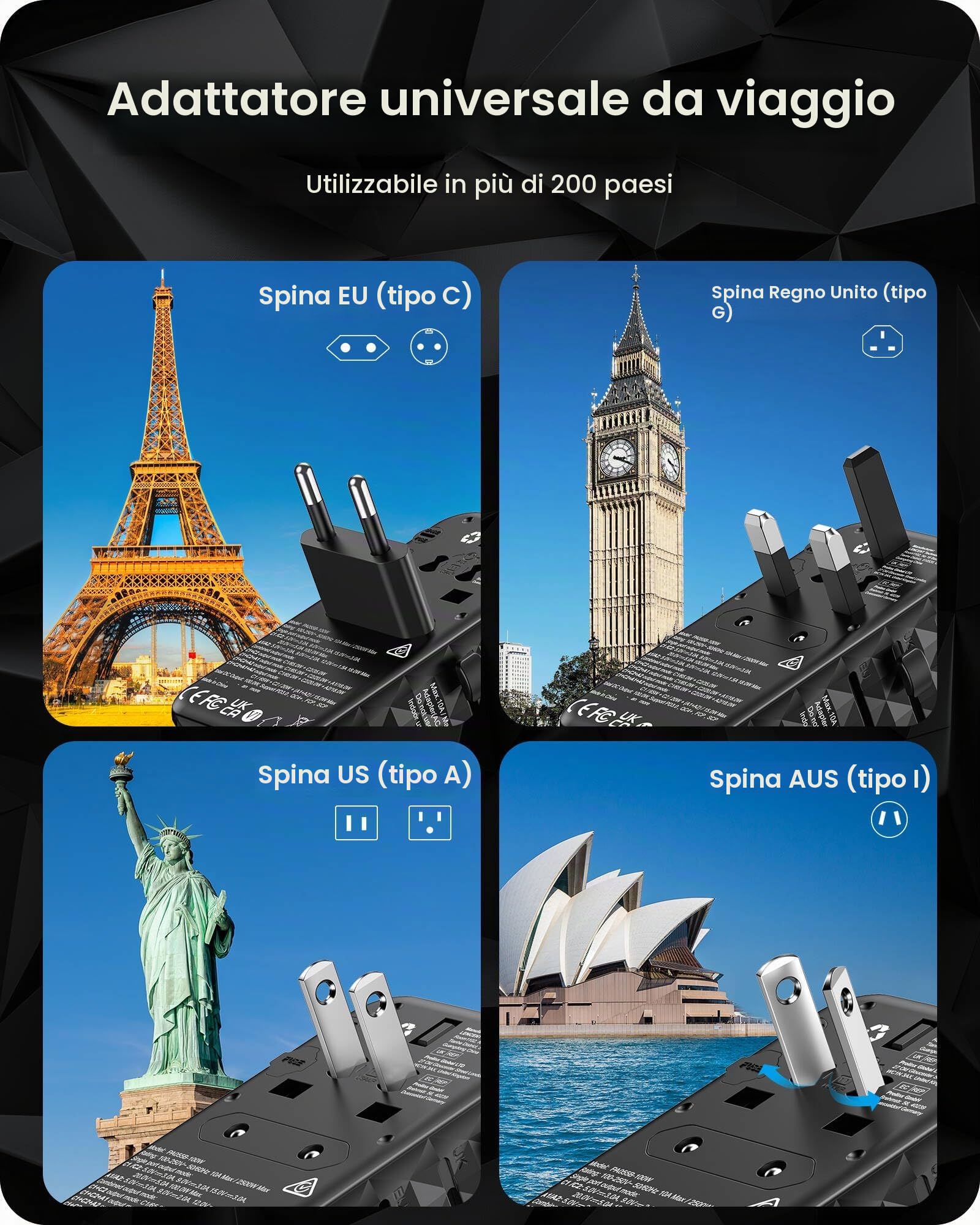 LENCENT 100W Adattatore Universale da Viaggio, Adattatore Presa | con 2 USB-A & 2 USB-C, Caricatore USB Rapida per Telefono Cellulare, Laptop, Spina Internazionale per UK, EU, AUS, USA -Nero