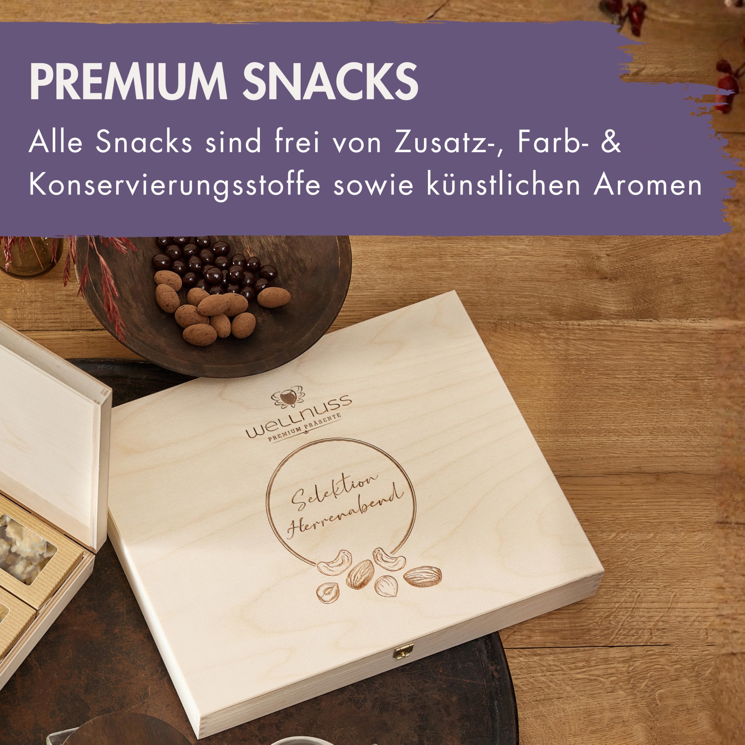 WELLNUSS Geschenkset für Männer Herrenabend mit edlen Nussmischungen 8 Premium Snacks in Birkenholzbox 8x60g Vegan