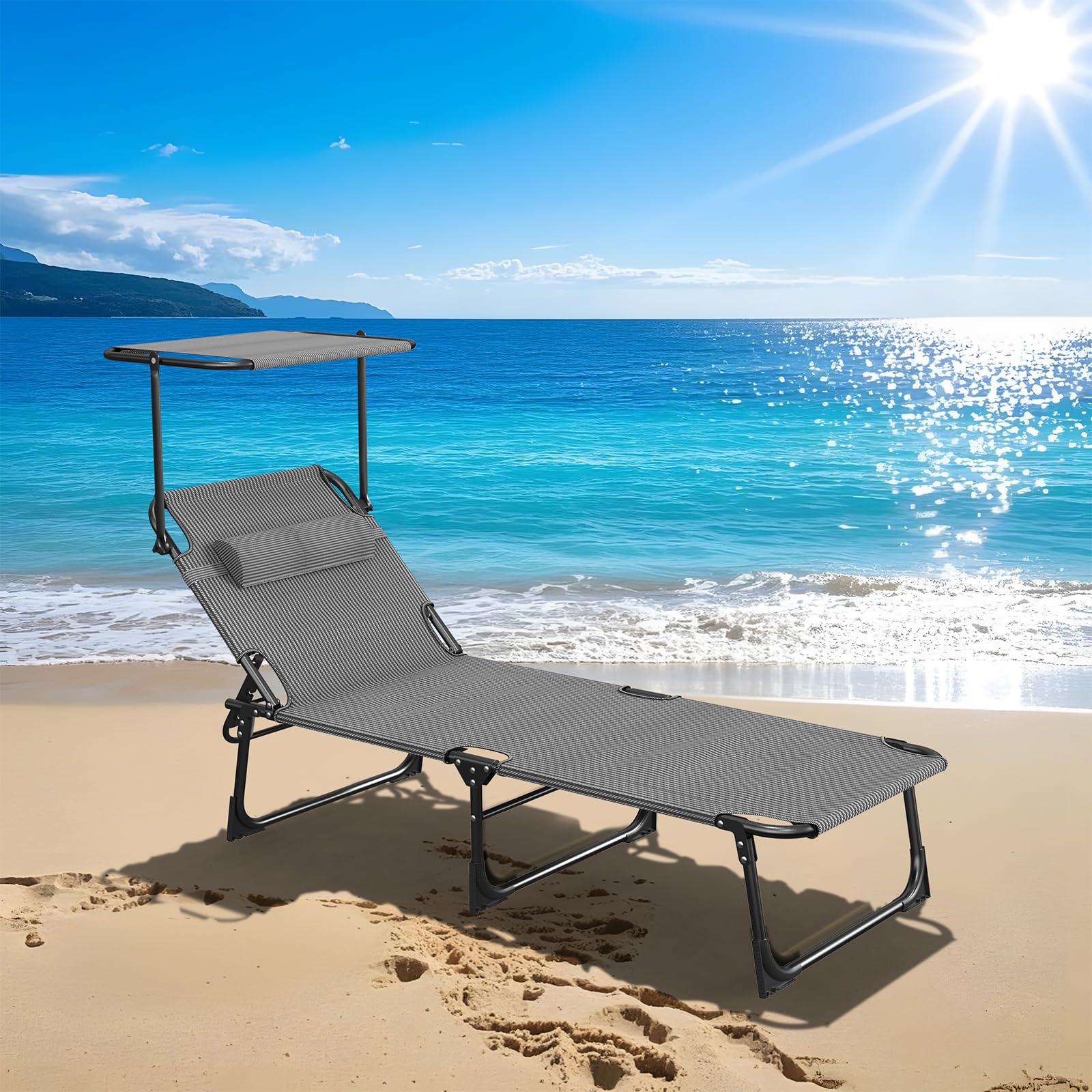 Sonnenliege mit Dach & Kopfkissen, Liegestuhl leicht-Extra Breit-mit Verstellbarer Rückenlehne & Seitentasche, Gartenliege, Strandliege Tragbar für Strand-Pool-Garten, Hochwertige Stoffe, Tiefer Wald