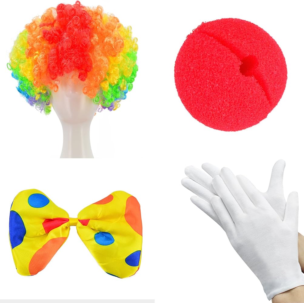 XoeLLe Costume Clown Complet Enfant & Adulte – Perruque Bouclée Arc-en-Ciel, Nez Rouge, Cravate Pois, Gants Blancs – Déguisement Carnaval Halloween