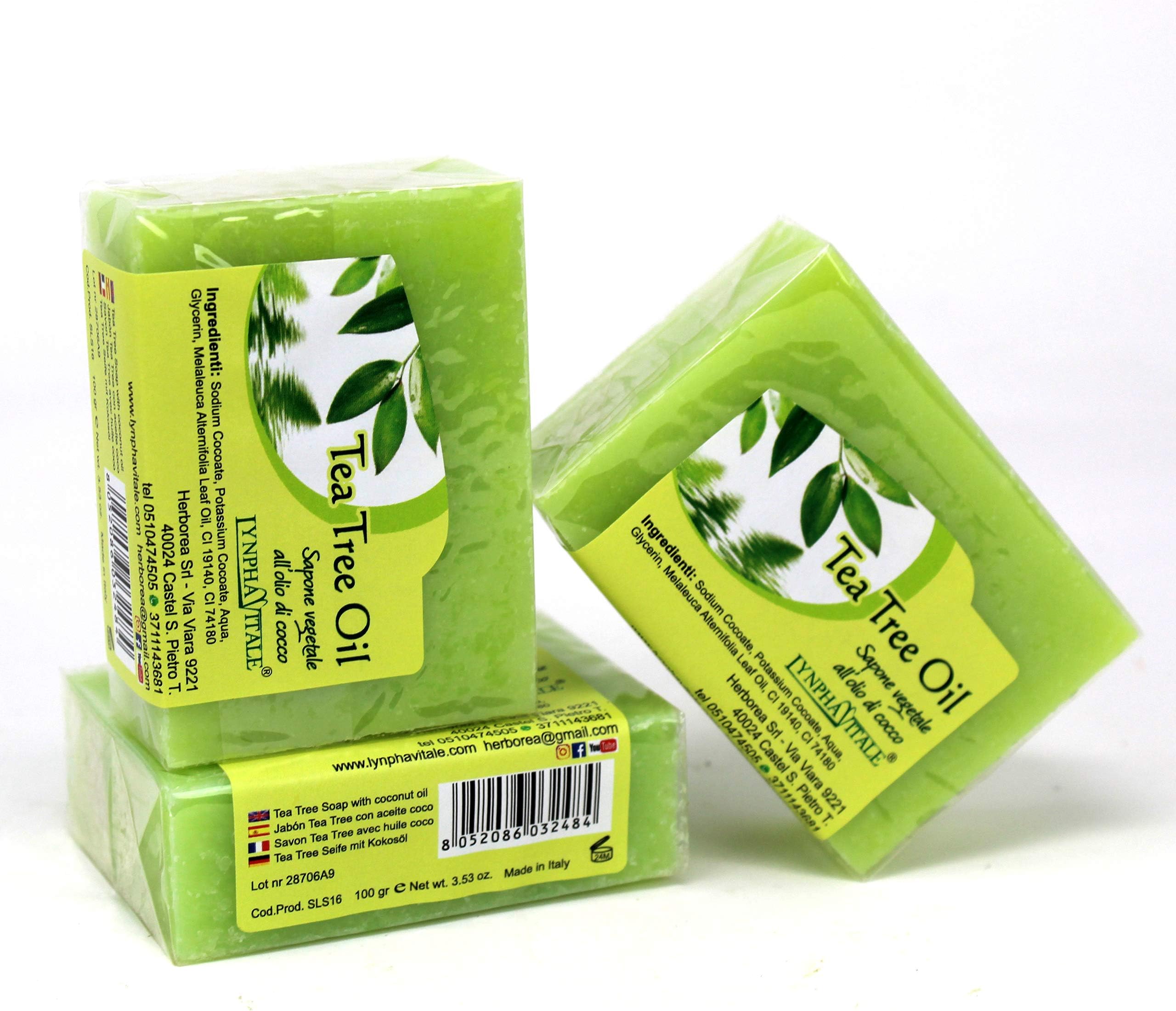 Tea Tree Soap Bar - 100% Natural Organic Soap with Tea Tree Oil - Vegetable Handmade Soap for Oily and Delicate Skin - Made in Italy - Q.ty 3 pcs.