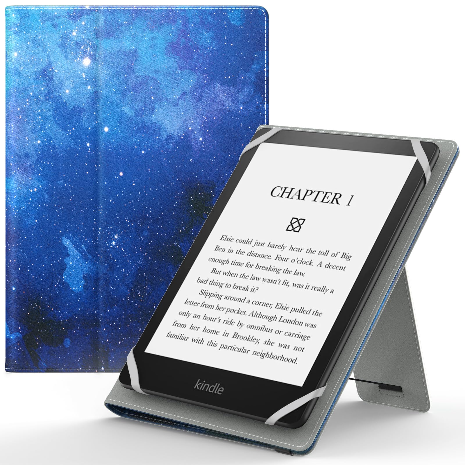 MoKoUniversal Case for 6",7" Kindle eReaders Fire Tablet, PU Leather Folio Shell Cover Case, with Hand Strap/Kickstand, Blue Starry Sky