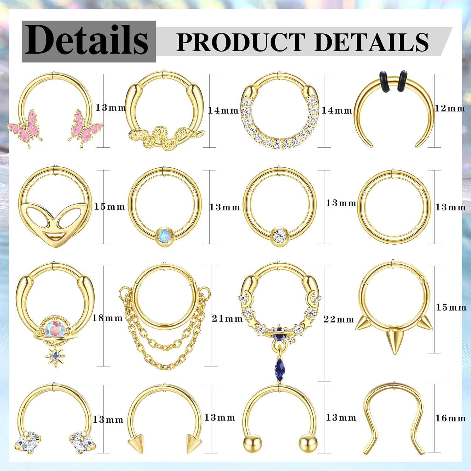 LOYALLOOK 16Pcs 16G Septum Rings Hoop for Women Men Surgical Steel Dangle Septum Jewelry Septum Clicker Horseshoe Nose Rings Hoop Hinged Segment Daith Helix Tragus Cartilage Earrings Piercing - Image 5