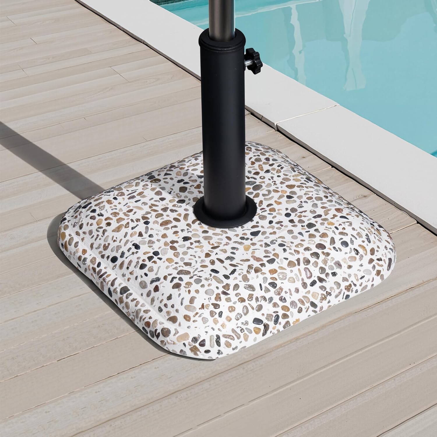 Patio Umbrella Base 45lbs, Concrete with Cobblestone Decor Heavy Duty Square Stand for Deck Poolside Yard (Cobblestone)