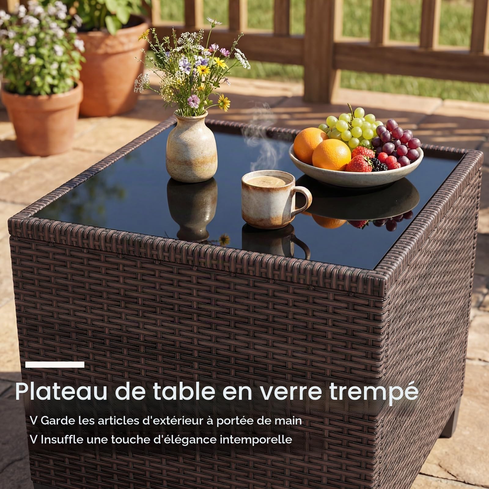 GIANTEX Salon de Jardin 2 Personnes en Rotin, Mobilier Jardin avec 2 Fauteuils, Coussins Amovibles, Table Basse Plateau en Verre Trempé, pour Balcon, Cour, Marron + Beige