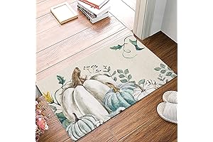 Thanksgiving Pumpkin Indoor Doormat Entryway Rugs, Rustic Watercolor Floral Eucalyptus Leaves Fall...