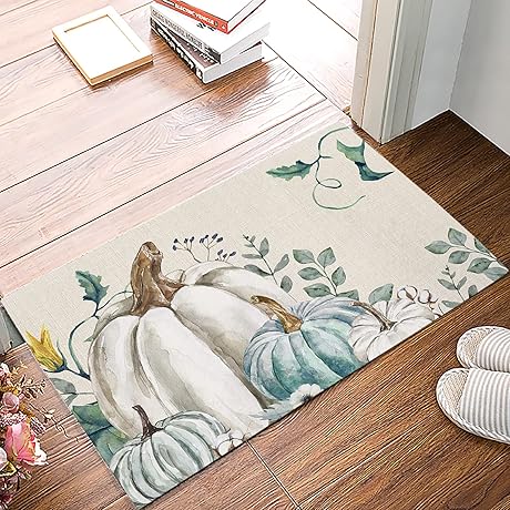 Thanksgiving Pumpkin Indoor Doormat Entryway Rugs, Rustic Watercolor Floral Eucalyptus Leaves Fall...