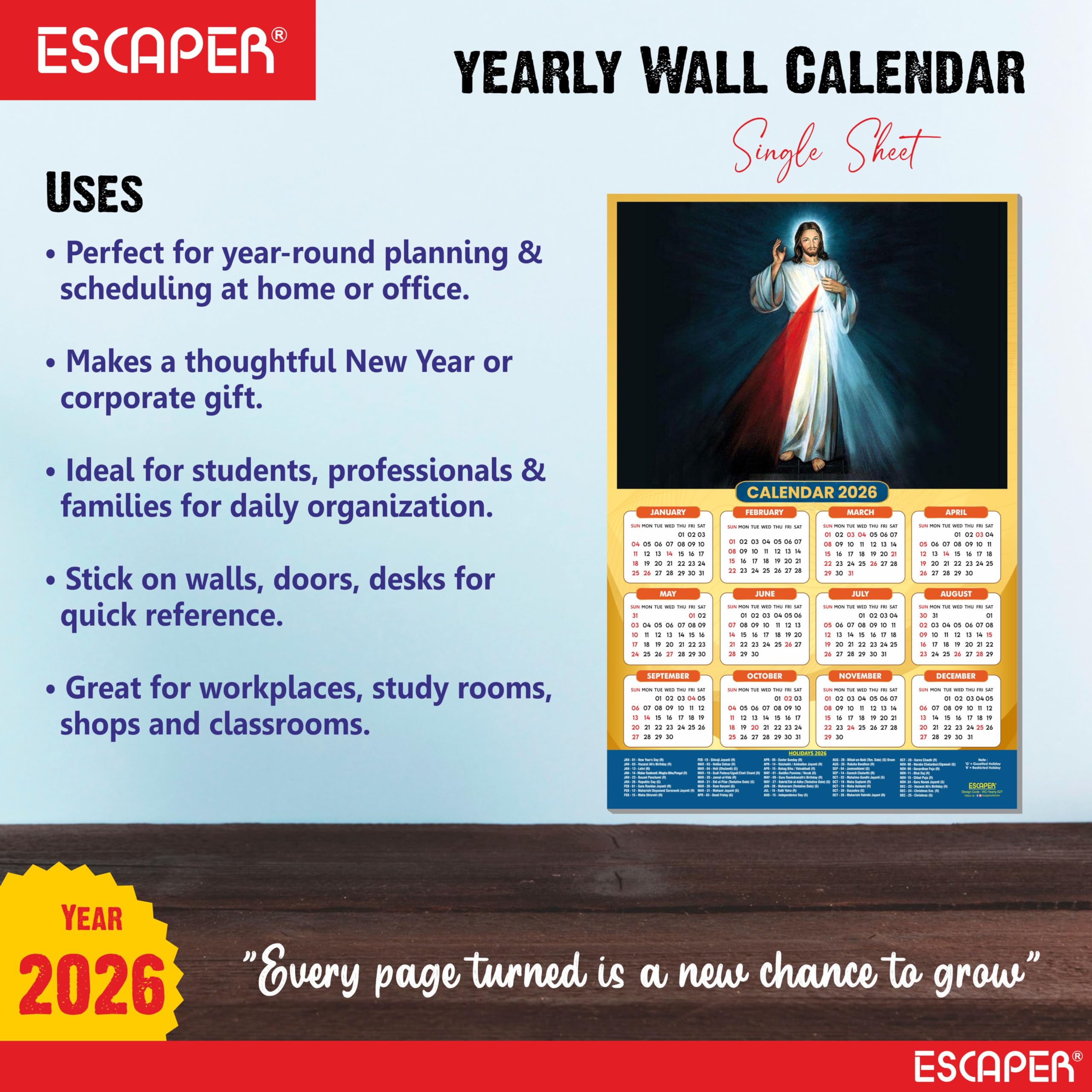 ESCAPER Calendario de pared de Jesús 2026, calendario cristiano laminado de 12 x 18 pulgadas, día festivo indio, decoración religiosa de Isa Masih para el hogar y la oficina