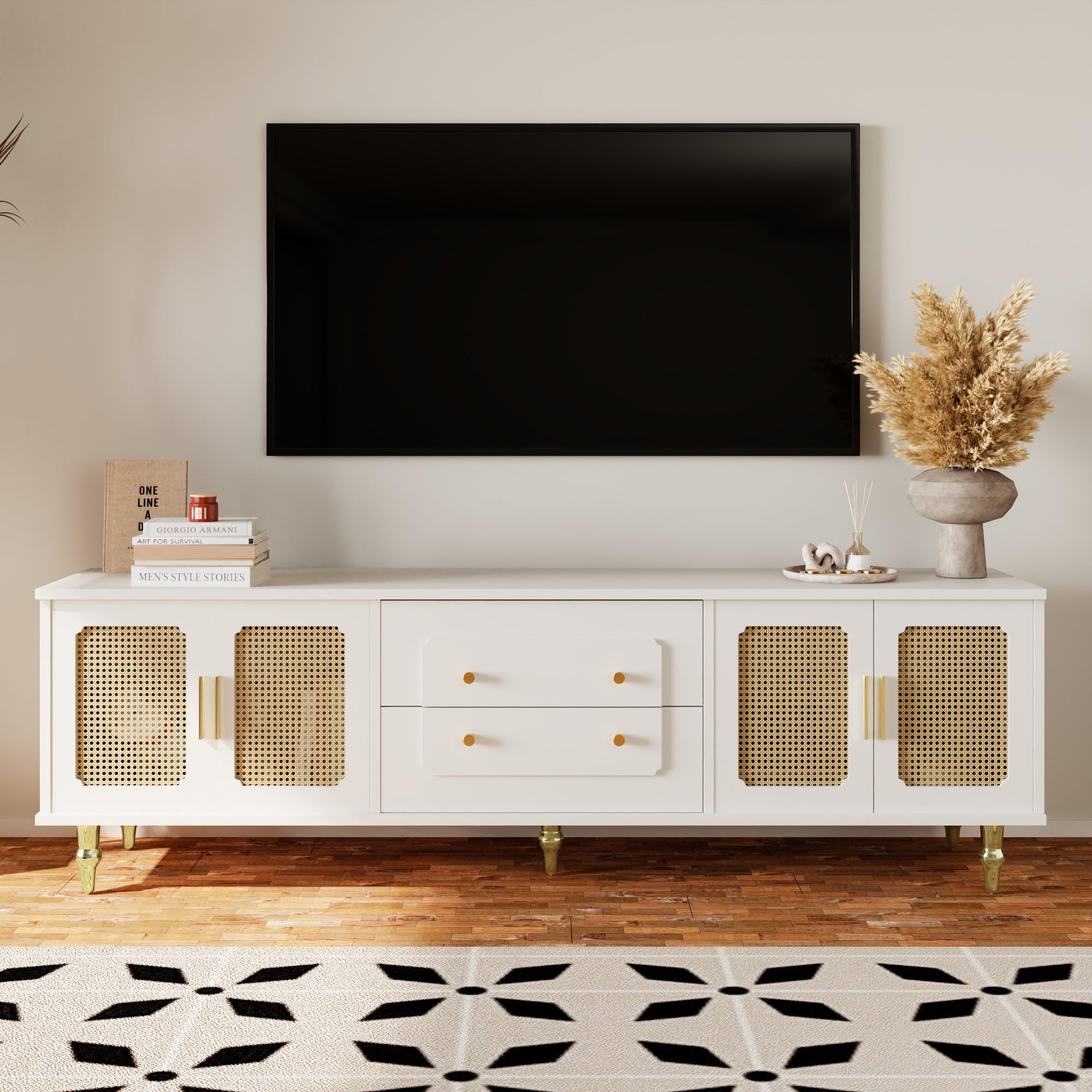 Mueble de TV de estilo retro con 6 compartimentos de almacenamiento, asas doradas, puerta de ratán y patas de metal, aparador de TV para salón (blanco, 175 x 38 x 55,5 cm)