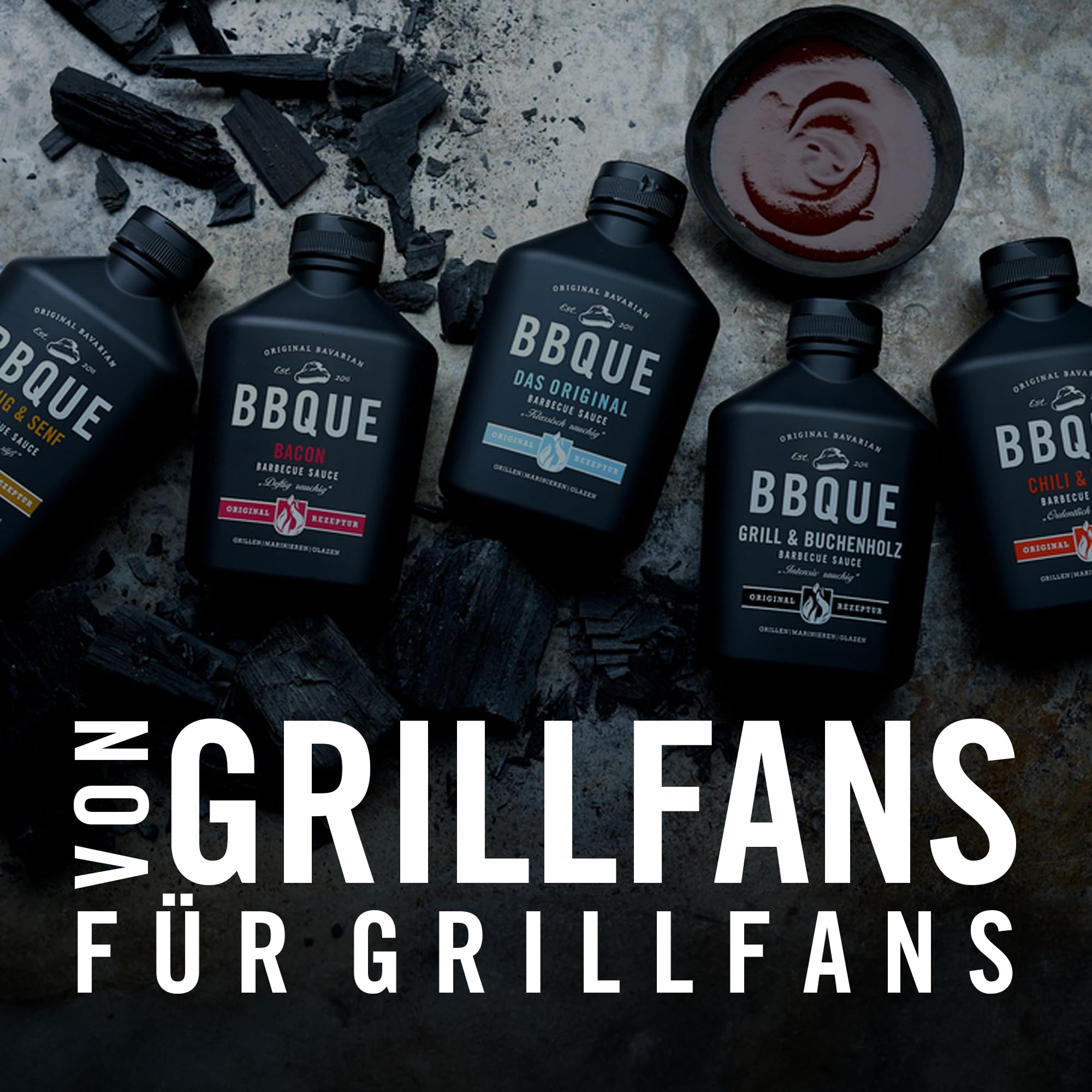 BBQUE – BBQ-Saucen Set "Furious 5" Squeeze-Flaschen 5x400 ml – Barbecuesaucen Bundle (Original, Grill & Buchenholz, Chili & Kren, Bacon, Honig & Senf) – Ideal zum Grillen, für Marinaden & als Dip