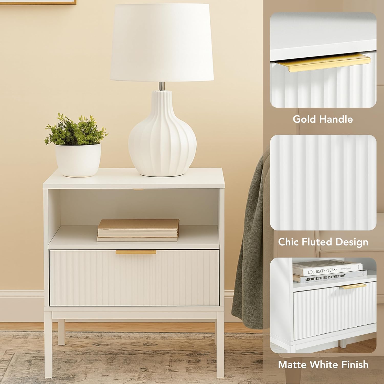 Night Stand with Charging Station & LED Light, Mid Century Modern Wood Bedside Table with Drawer, USB Ports & Outlets, End Table for Bedroom and Living Room (Black) (1, White)