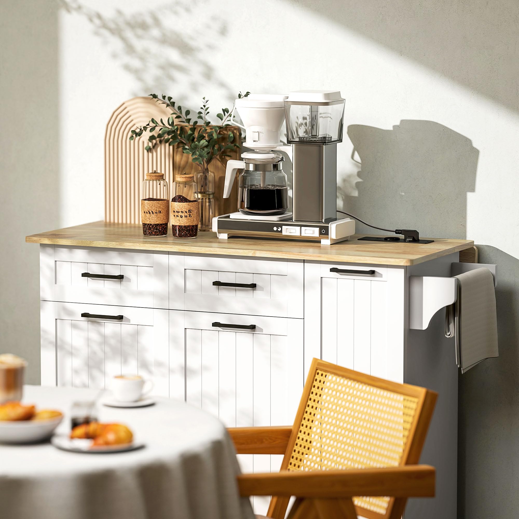 HOMCOM Isola Cucina con Ruote, Carrello Cucina con Stazione di Ricarica, Piano a Ribalta in Legno, Ripiani Regolabili, 2 Cassetti, Armadietto Estraibile, Portaspezie a Porta, Portasciugamani, Bianco