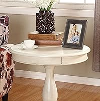 Vista 3 de Roundhill Furniture Rene Mesa auxiliar redonda de madera con pedestal, blanco antiguo