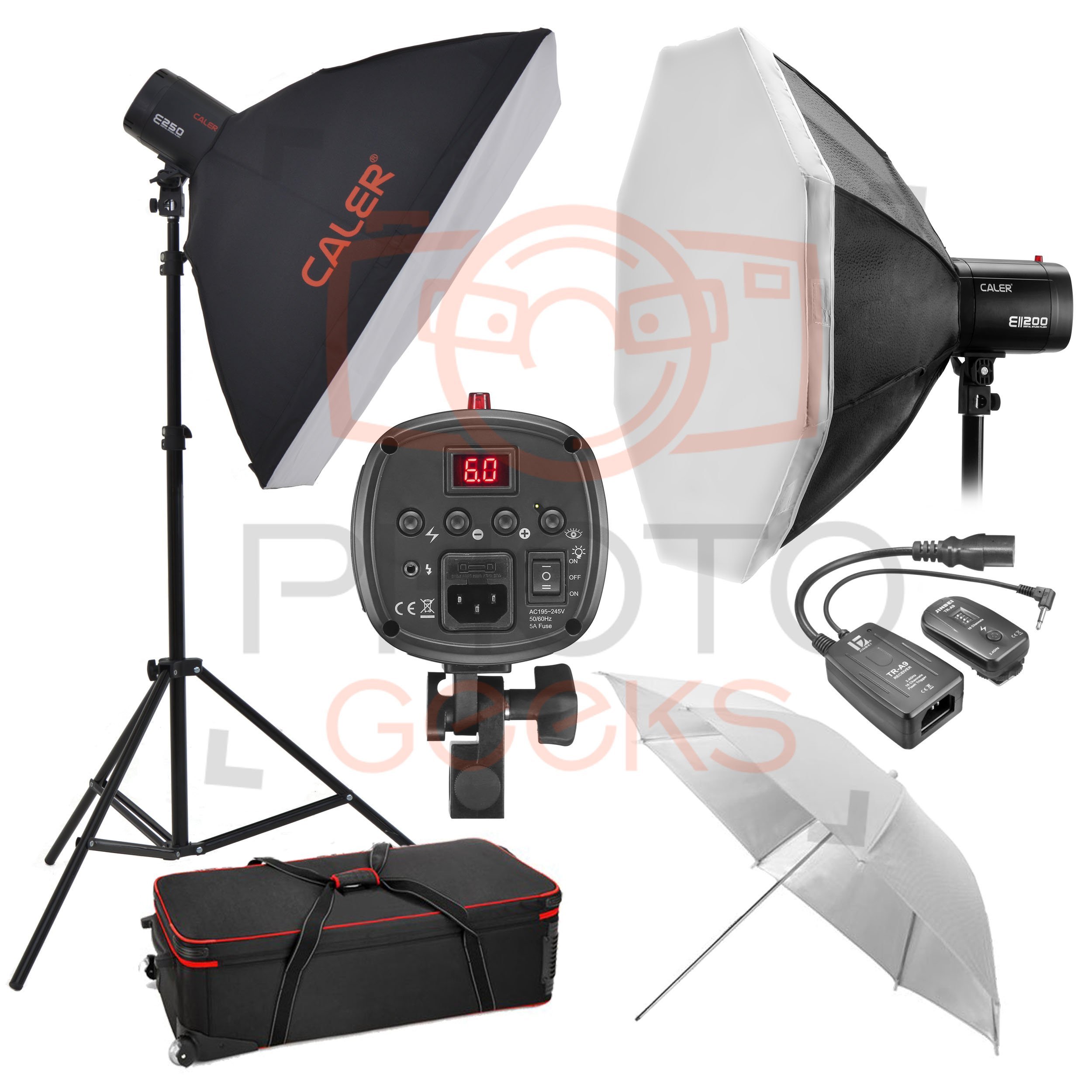 JINBEI CALER Studio EII Flash Lighting Kit / 500w / 2 x EII 250w Flash Heads / 50x70cm Softbox / 60cm Octobox / Silver Umbrella / 2 x 190cm Light Stands / Digital Wireless Trigger / Hard Roller Kit Bag / Professional Photography Strobe Set (2 x 250w)