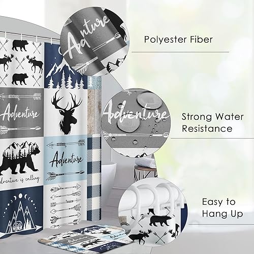 Miniatura 2 de Pamnest Juego de 4 cortinas de ducha, diseño de oso y alce, a cuadros, impermeables, con alfombras antideslizantes, tapa de inodoro y tapete de