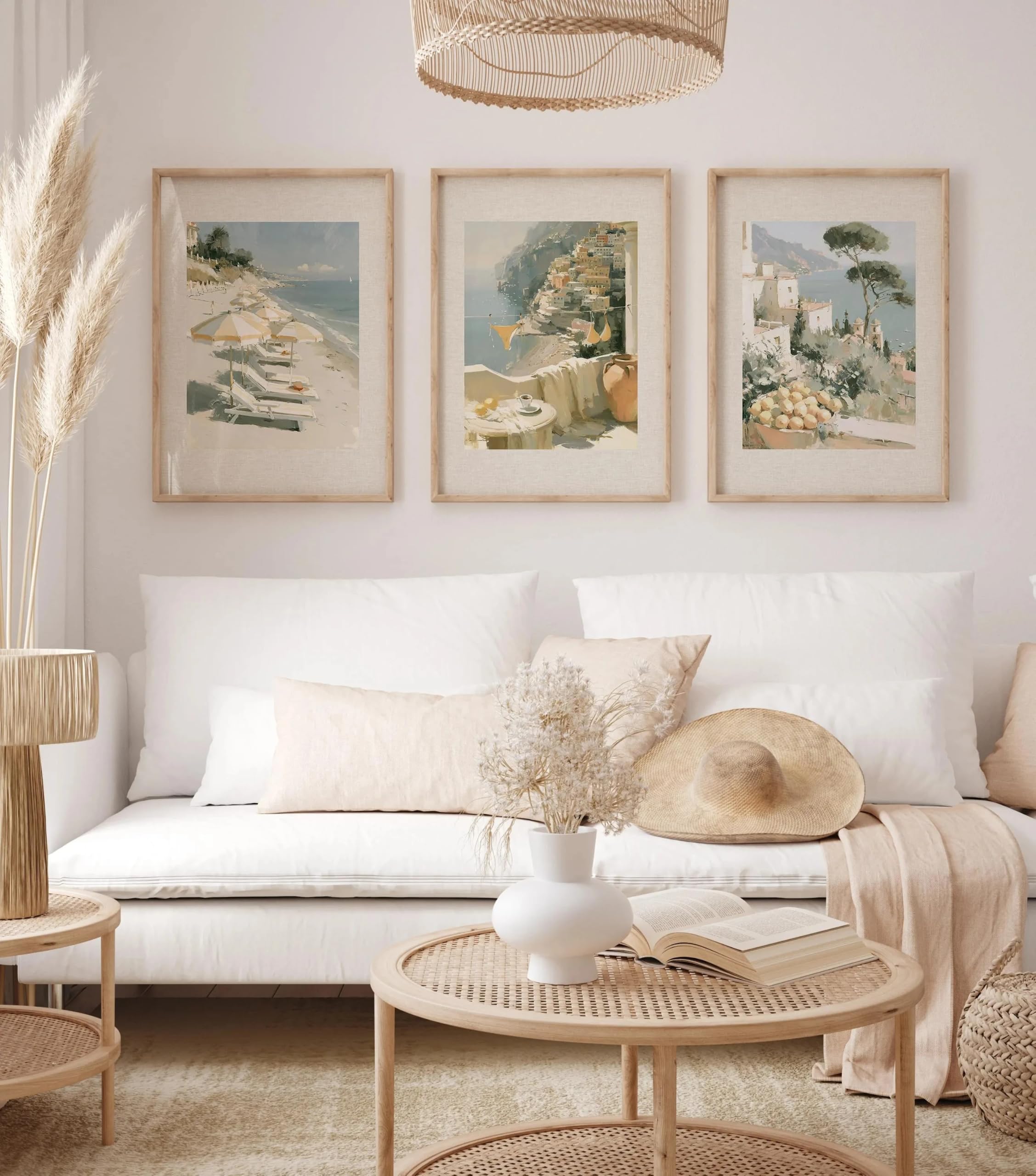 SDVIB Canvas Painting Watercolor Amalfi Coast Canvas Prints,Neutral Mediterranean Beach Lemon Wall Art,Muted Tone Trave(50x70cm/3PCS Frameless)