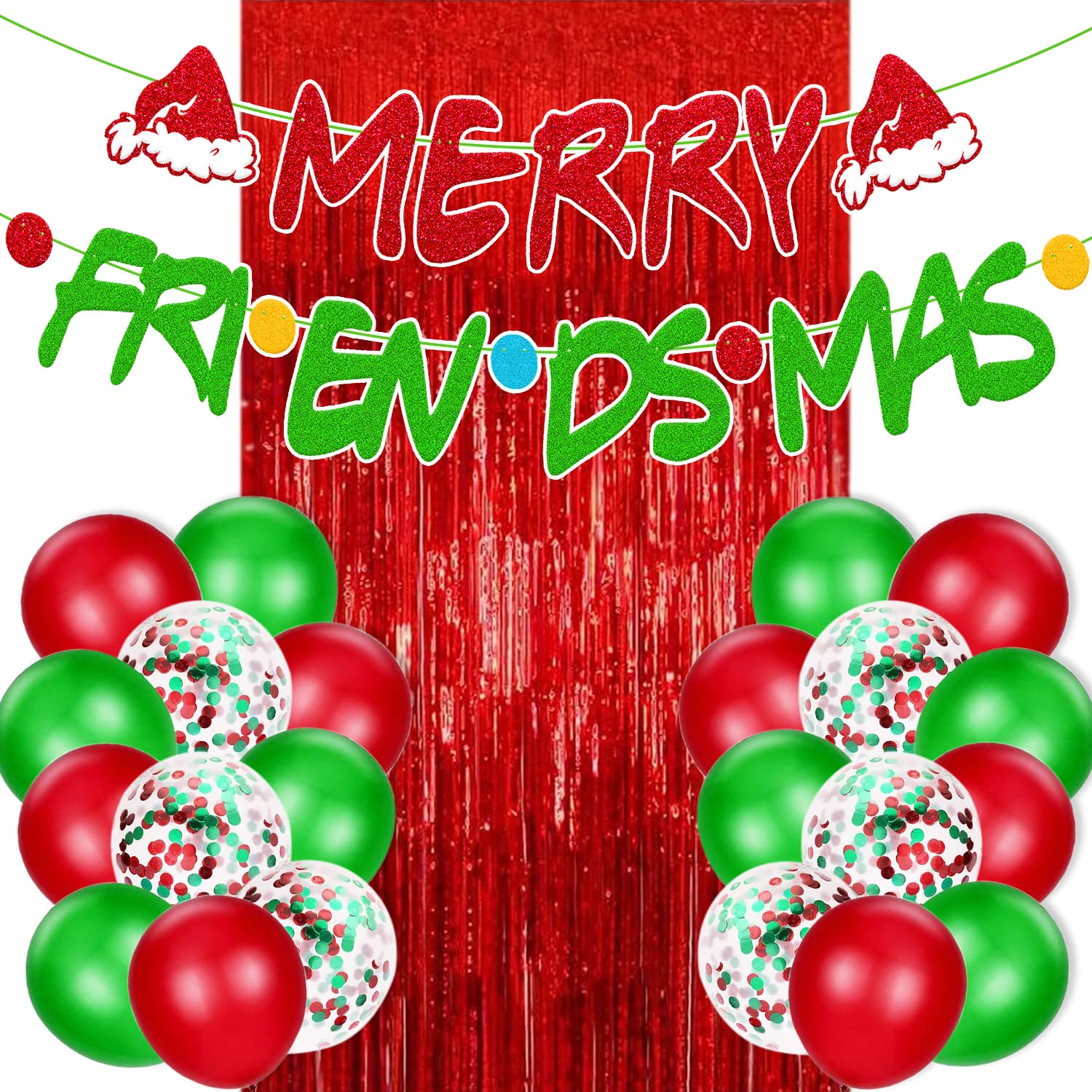 25 PCS Merry Friendsmas Party Decorations Merry Christmas Banner Xmas Tree Santa Good Friends Theme Ugly Christmas Sweater Celebrations Red Foil Curtains Backdrop Balloons Party Supplies