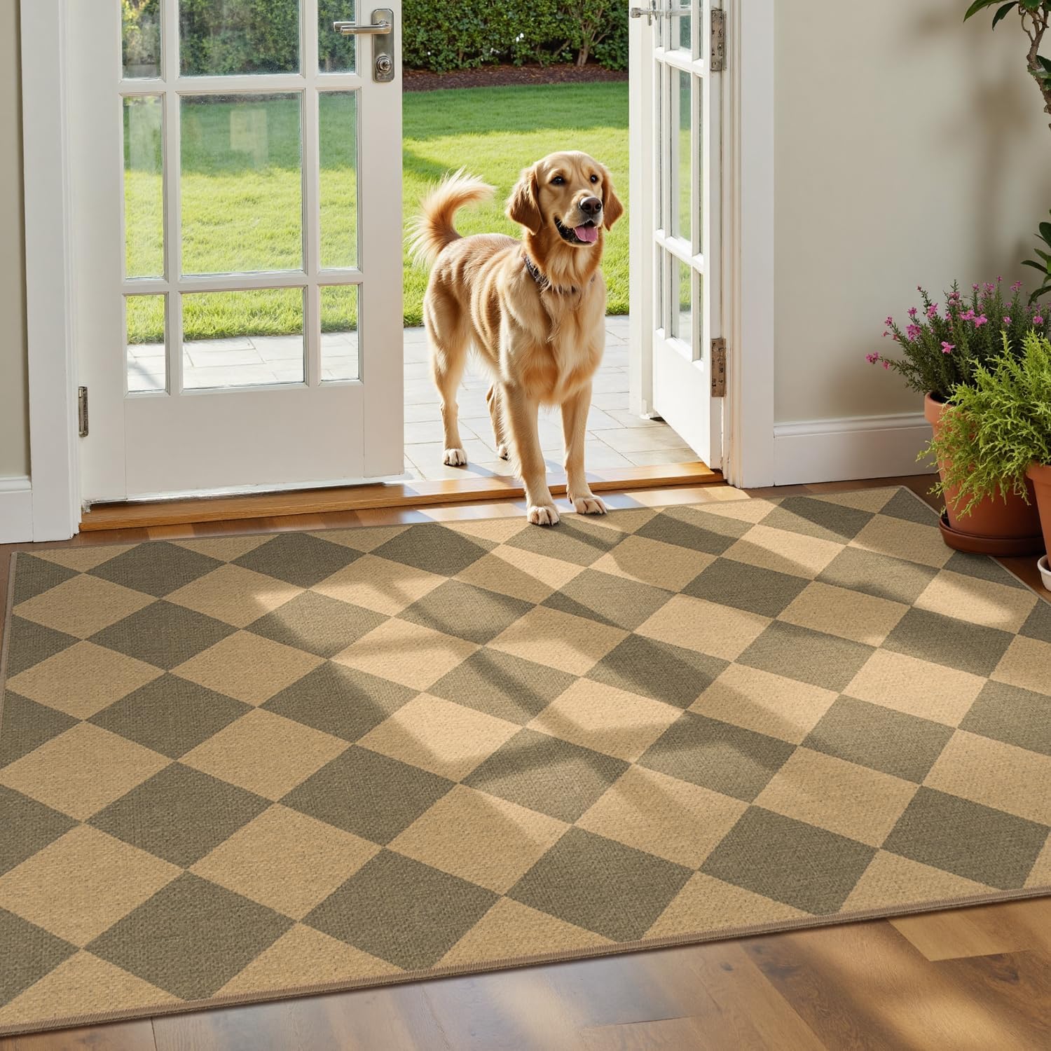 Lessymo Checkered Entryway Rug 3x5, Easy Jute Washable Area Rugs for Living Room Outdoor Patio, Non Slip Indoor Door Mat Farmhouse Neutral Carpet for Guestroom Foyer Backyard, Diamond Brown/Beige