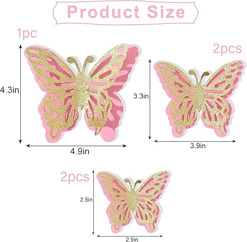 Miniatura 5 de Juego de 5 mariposas 3D de 3 tamaños: mariposa dorada con purpurina y rosa de doble capa, mariposa para baby shower, decoración de pastel de