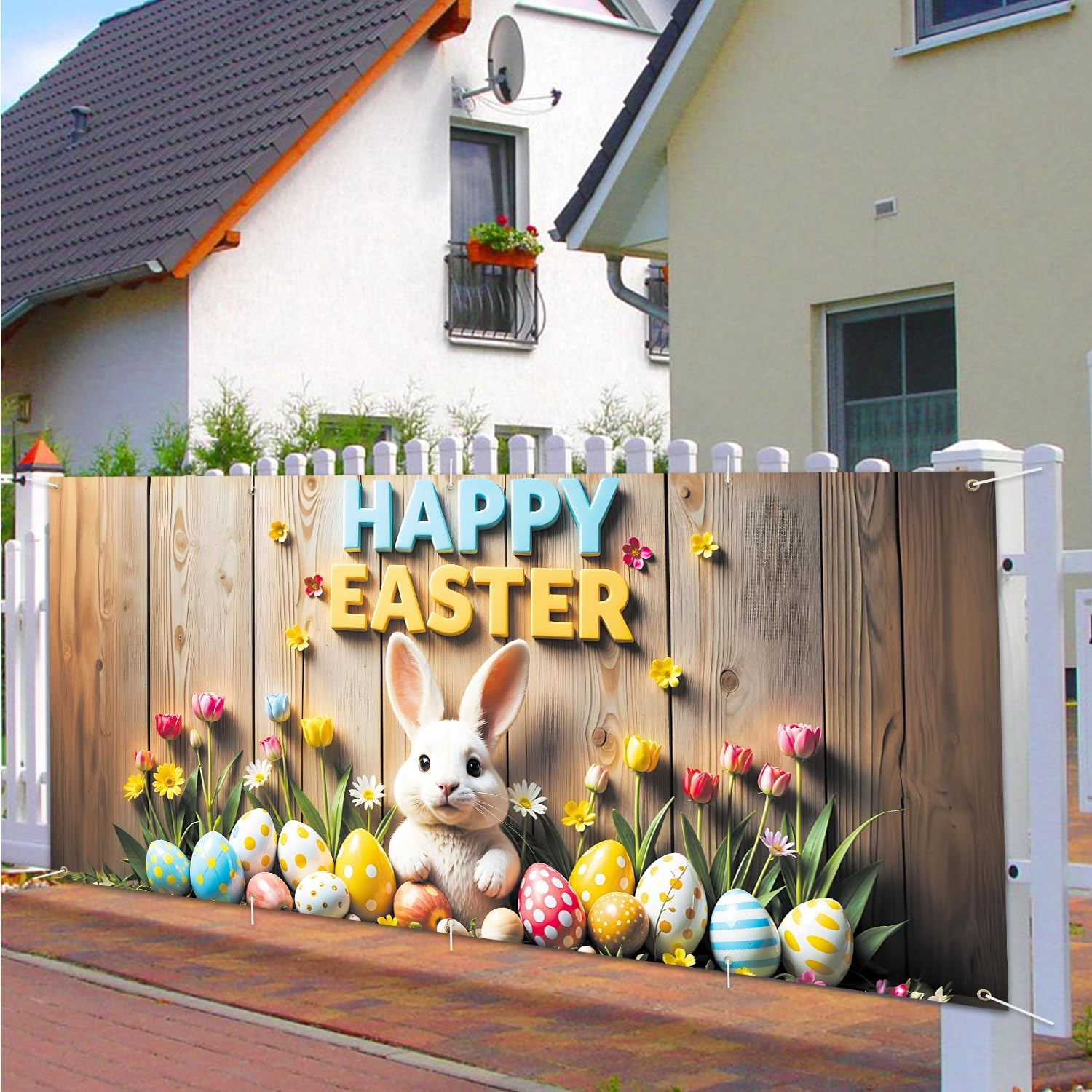 16x7 ft Happy Easter Banner for Two Car Garage - Fits Double Garage Door, Classic Bunny & Eggs with “Happy Easter” Sign Large Backdrop, Spring Festival Yard Decor