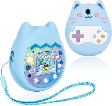 Silicone Cover Compatible with Tamagotchi Pix Virtual Pet Game Machine, Protective Sleeve for Tamagotchi Pix with Finger Lanyard, Soft Cover for Tamagotchi Pix Pet Toy Blue