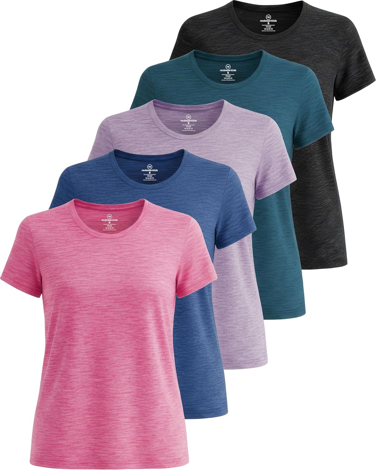Real Essentials 5 Pack Womens Short Sleeve T-Shirts Workout Tops Fitness Pilates Gym Activewear Athletic Plus Available